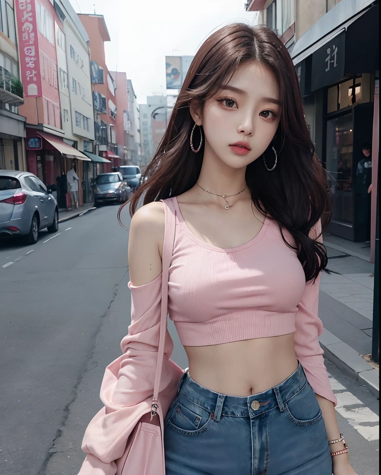 woman in a pink top and jeans, korean girl, tzuyu from twice, beautiful south korean woman, roseanne park of blackpink, beautiful young korean woman, gorgeous young korean woman, jaeyeon nam, korean woman, jossi of blackpink, jinyoung shin, sun yunjoo, wearing crop top, wearing a sexy cropped top, bae suzy