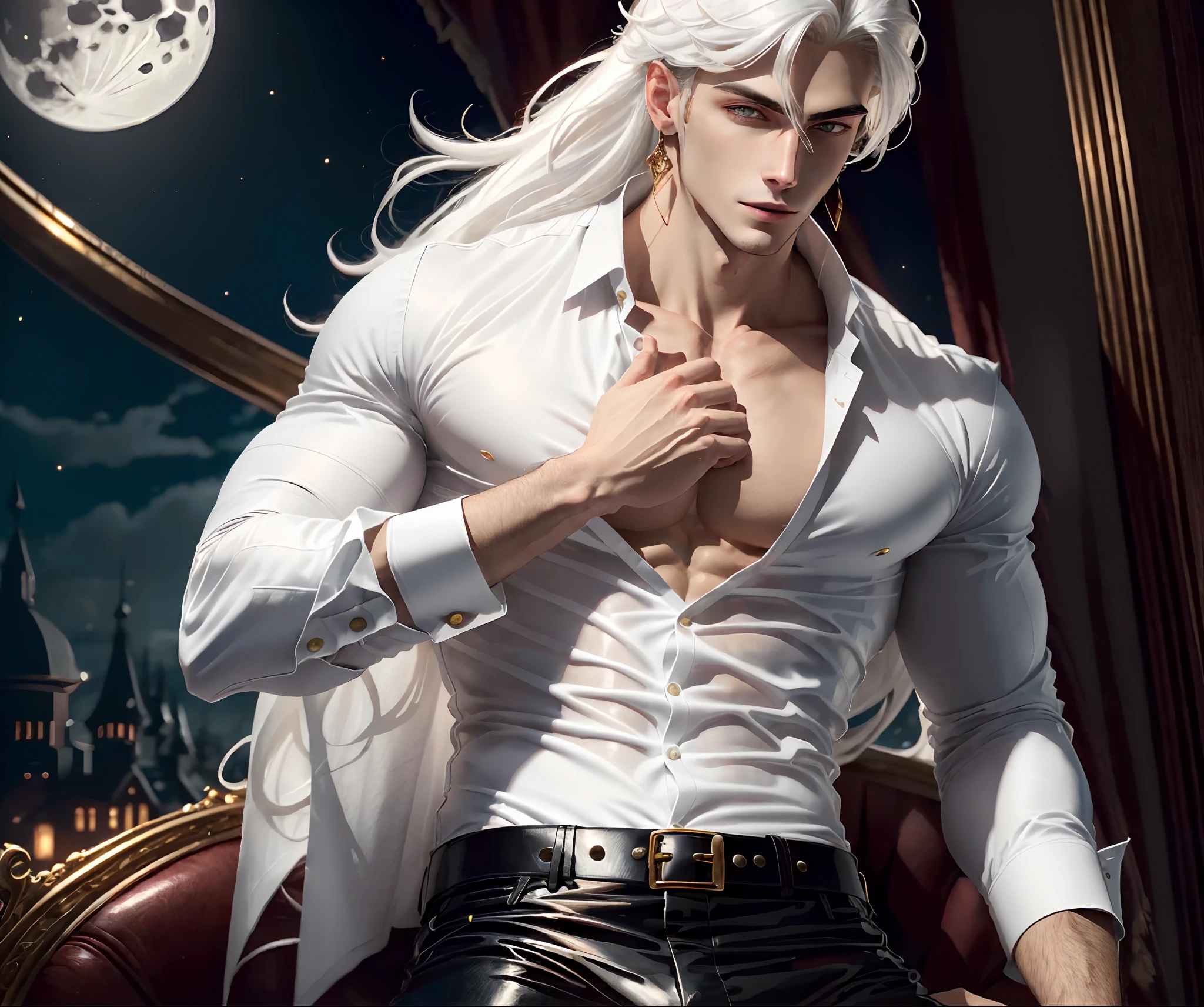 masterpiece, highest quality, (solo focus), (perfect face:1.1), (high detail:1.1),dramatic, 1guy, (pale skin), long white hair, white eyes, [light eyebrows], solo, long hair, moon, night, white luxury suit, covered navel, pouty lips, (beauty marks),  palace, detailed background, art by artgerm and greg rutkowski,  cinematic lighting, roses, suggestive