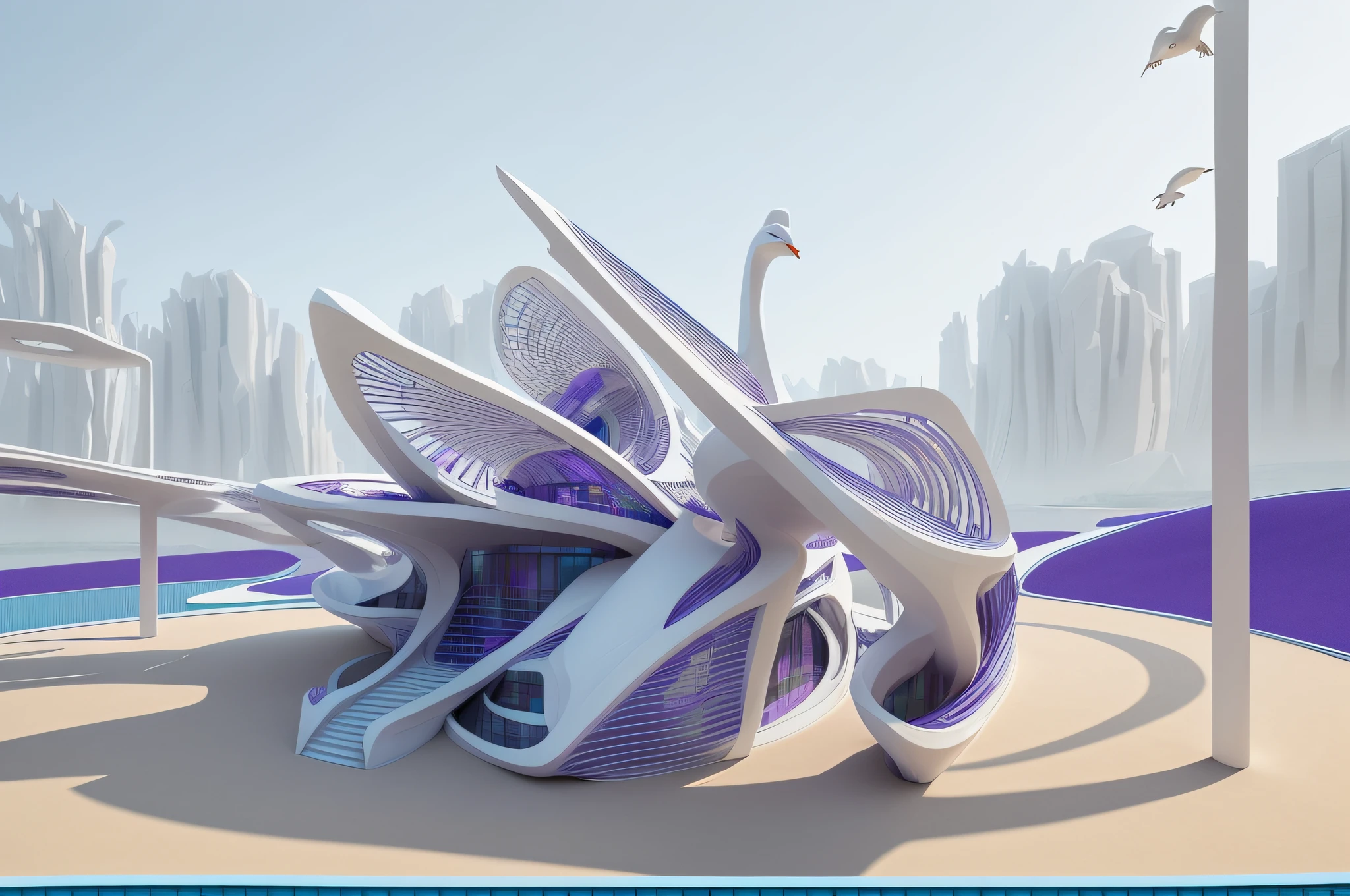The blue and purple playground has a huge sculpture of a white bird, magnificent design, high quality architectural art, inspired by Zha Shibiao, author:Chass is silent, Beautiful masterpiece, Beautiful design, parametric architecture, Incredible masterpiece, in style of zaha hadid architect, wonderful masterpiece, duck shaped spaceship, Zaha Hadid architecture, Unique architecture