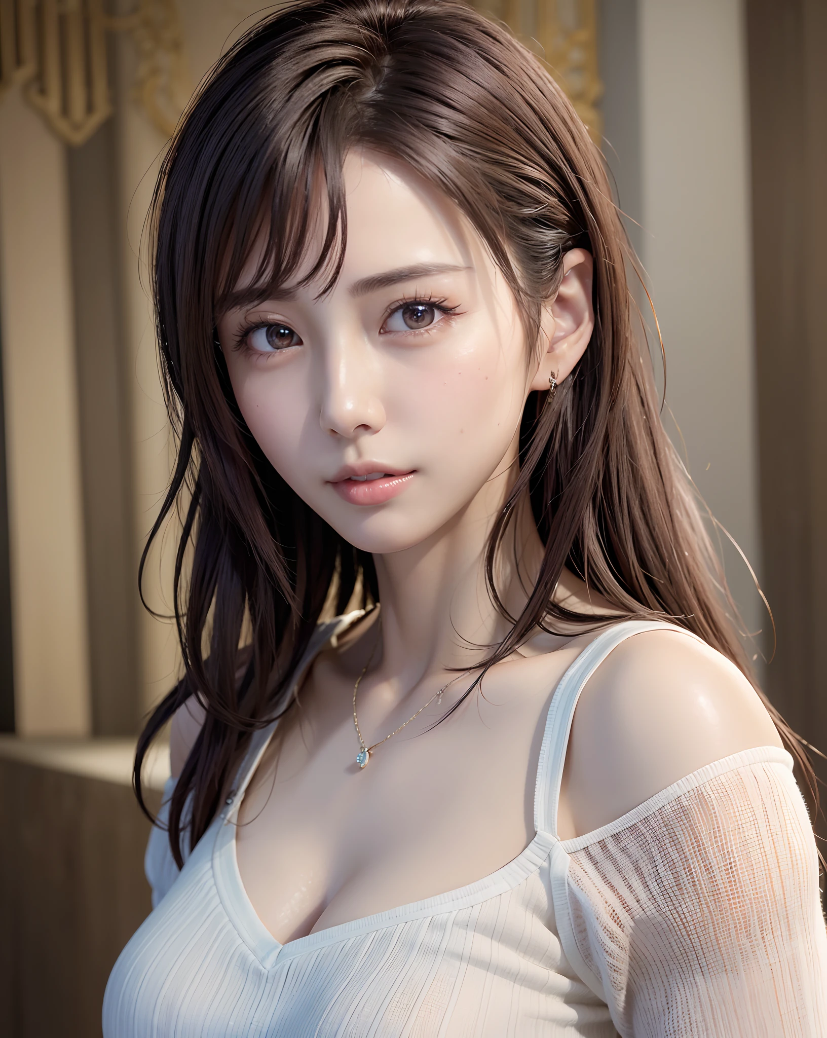 (in 8K, top-quality, ​masterpiece:1.2), (realisitic, Photorealsitic:1.37), ultra-detailliert, Natural sunlight, mideum breasts, I can see the cleavage, 1 persons, 25 year old woman, Dark hair, Pendants, Torn shorts, Light Knit V-Neck Shirt, At the time of performance, extremely detailed face and skin, A detailed eye, extremely detailed face and skin