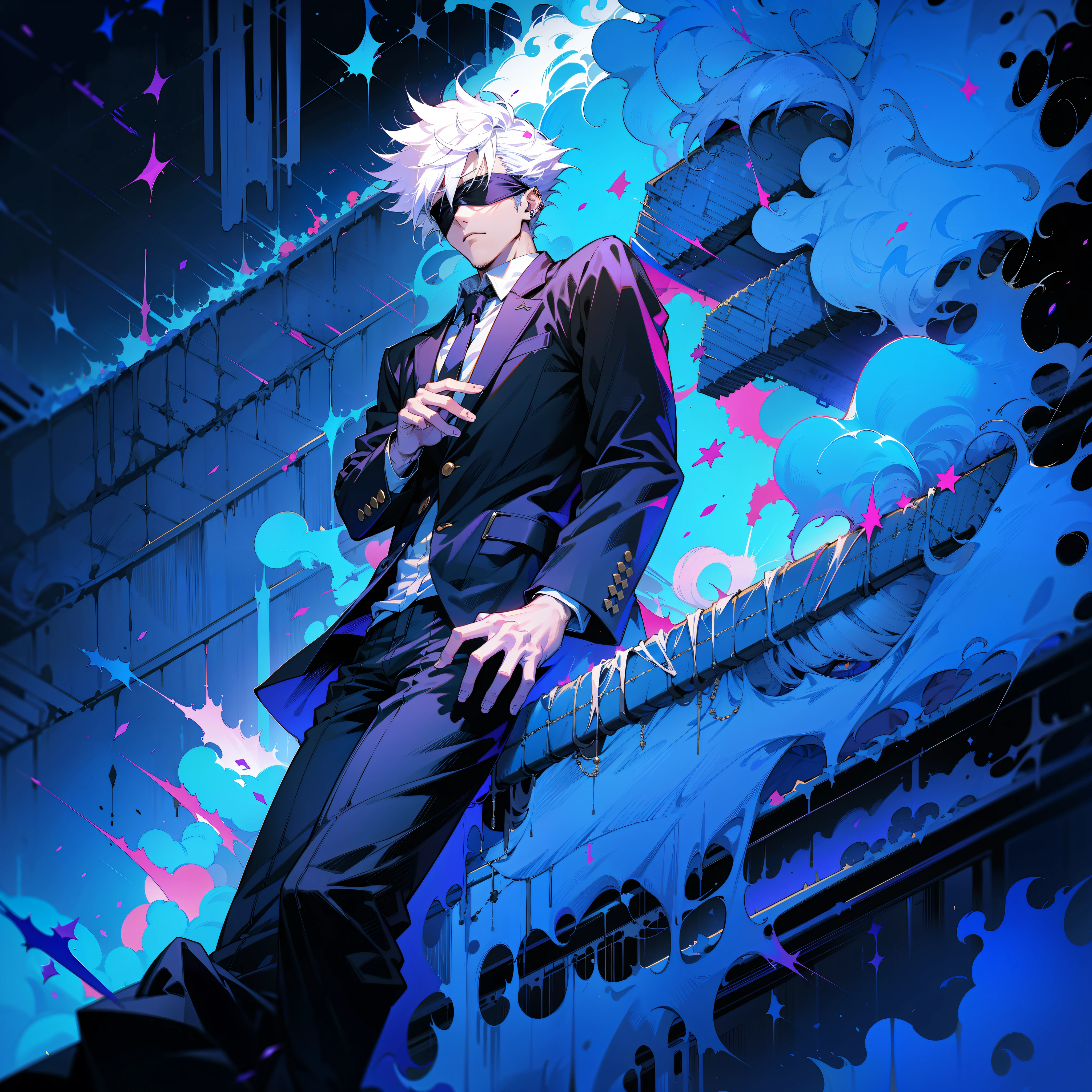 **A handsome 28-year-old man with spiky white hair, piercing blue eyes, and a black blindfold. He is wearing a Jujutsu High uniform, which consists of a black blazer, white dress shirt, black pants, and black boots.