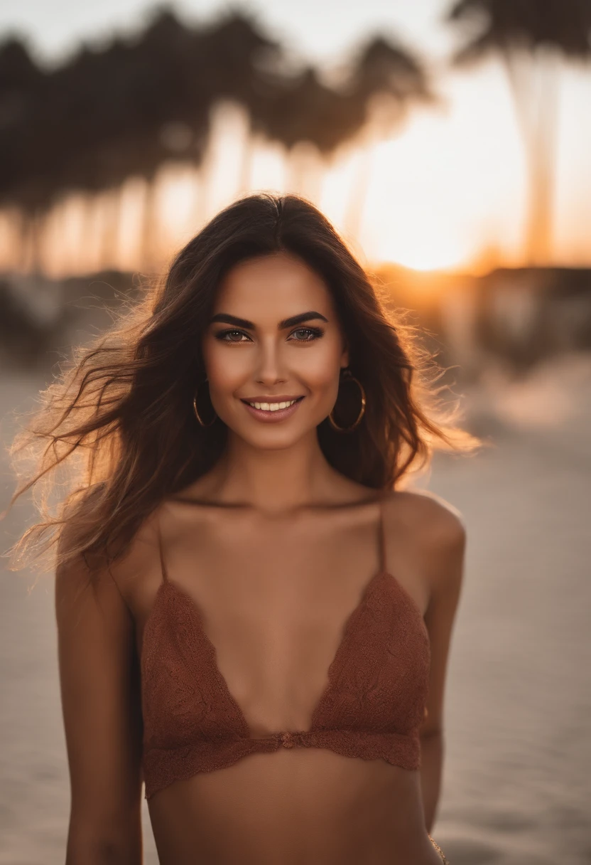 Una encantadora modelo de Instagram posa en una playa de brasil iluminada por el sol al lado del mar, con una bikini moderna que muestra su vibrante personalidad y cuerpo, La modelo tiene una sonrisa alegre y sus ojos son cautivadores, atrayendo a los espectadores. Sunlight highlights its features and creates a warm atmosphere. The camera captures the model in a large shot, con un objetivo de 50 mm, destacando su belleza natural y su sentido de la moda. The image has a high resolution of 4K, With soft, natural lighting that enhances the model's skin tones and outfit colors. The inspiration for this image comes from fashion photographers from platforms like Instagram and Vogue.. El estilo de render se centra en el realismo y las texturas detalladas, y el resultado final es un retrato cautivador de la elegancia moderna
