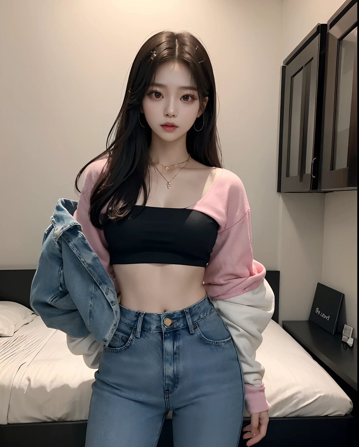 woman in a pink top and jeans, korean girl, tzuyu from twice, beautiful south korean woman, roseanne park of blackpink, beautiful young korean woman, gorgeous young korean woman, jaeyeon nam, korean woman, jossi of blackpink, jinyoung shin, sun yunjoo, wearing crop top, wearing a sexy cropped top, bae suzy