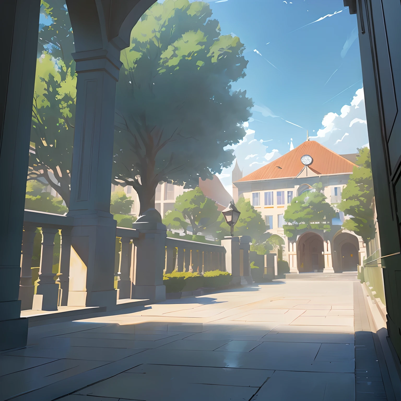 There is a picture of the school with a clock tower, Anime background art, Anime landscape concept art, arte de fundo, Anime landscapes, drawn in anime painter studio, palace background, inspired by senior environment artist, environmentart, beautiful anime scenery, environment painting, a wide open courtyard in an epic, town center background, random background scene, made with anime painter studio