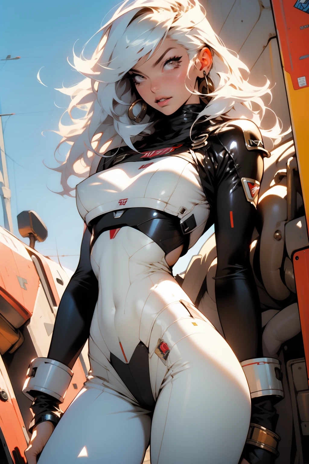 (((Simon Bisley)))), Mature woman 35 years gorgeous, giant robot pilot, wild with perfect body, bare thighs, slim thighs, long legs, white hair with bangs, wearing little clothes, tiny thong, red accent, white, gold accent, sensual pose, pose with attitude, add movements, large breasts, technological scenery