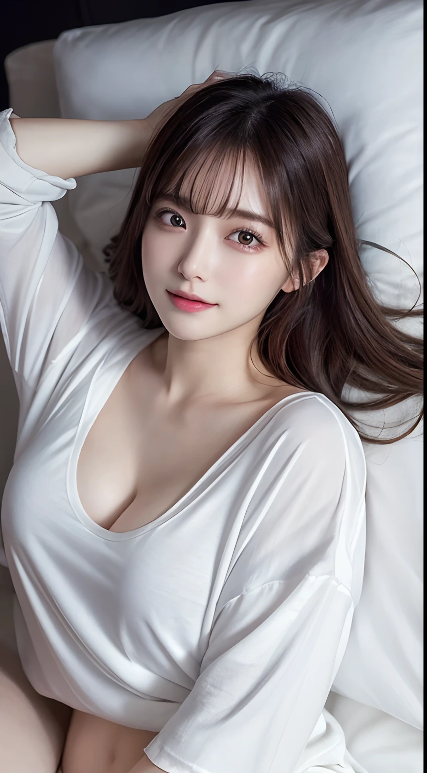 Innocent 20 year old girl、((oversize tshirt,Dramatic poses)),Smile,Bed background,Raw photo, (8K、top-quality、​masterpiece:1.2)、(intricate detailes:1.4)、(Photorealsitic:1.4)、octane renderings、Complex 3D rendering ultra detail, Studio Soft Light, Rim Lights, vibrant detail, super detailing, realistic skin textures, Detail Face, Beautiful detail eyes, Very detailed CG Unity 16k wallpaper, make - up, (detailedbackground:1.2), shinny skin, Full body、From head to thigh、cleavage of the breast,((Sleep facing up、Angle looking down from above))