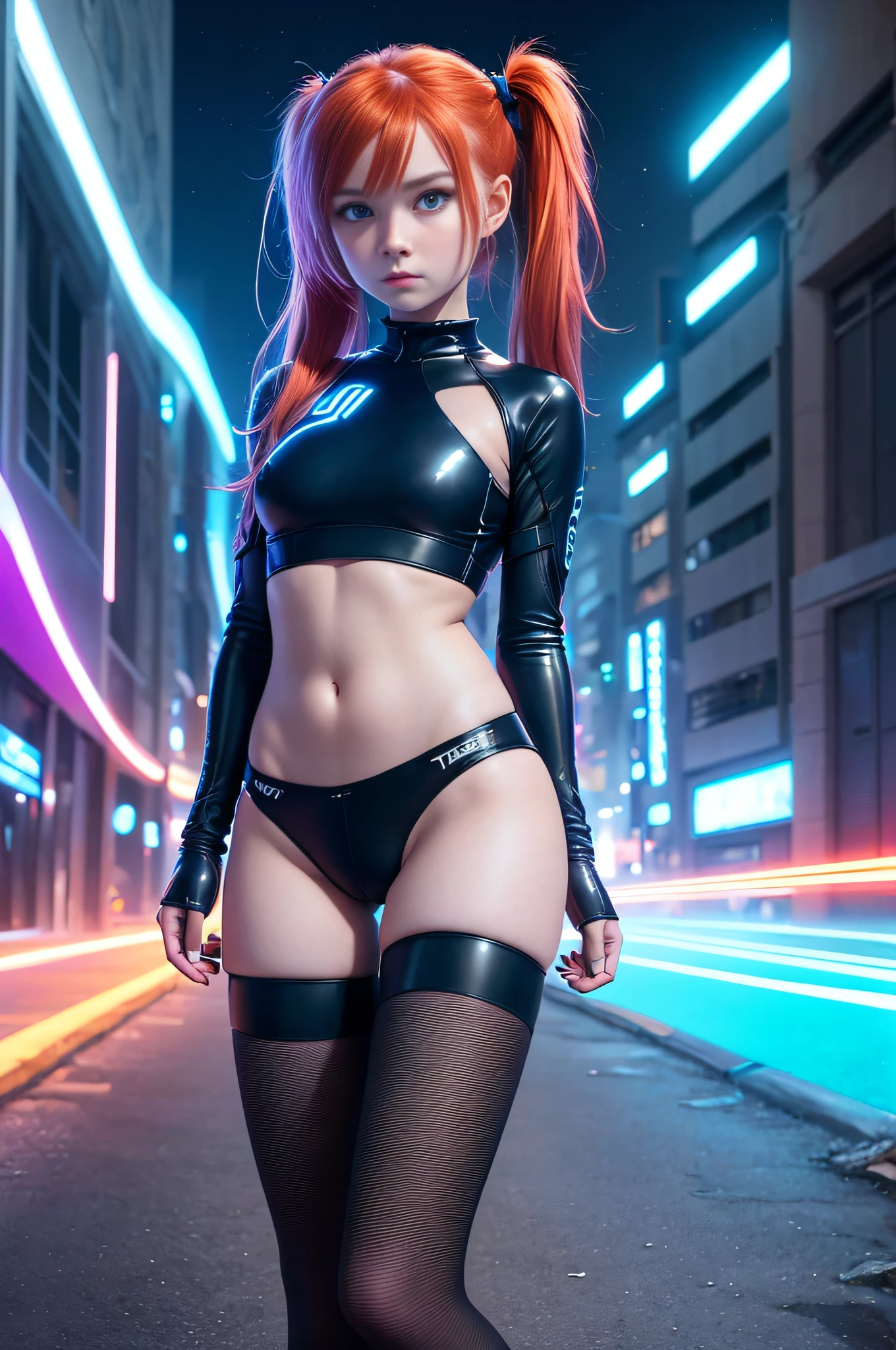 1 girl, solo, (????), cute redhead 18-year-old girl in twin tails, ((perfect female body)), (cute face make up), multiple (rainbow colored hair: 1.2), (beautiful detailed blue eyes: 1.6), (photo realistic eyes: 1.6), happy, Ukrainian, (petite body), ((small ????)), pale white skin, (micro ??????), ((thin pantyhose: 1.6)), (("TRON LEGACY futuristic city" style background)), (night time:1.2), photo realistic.