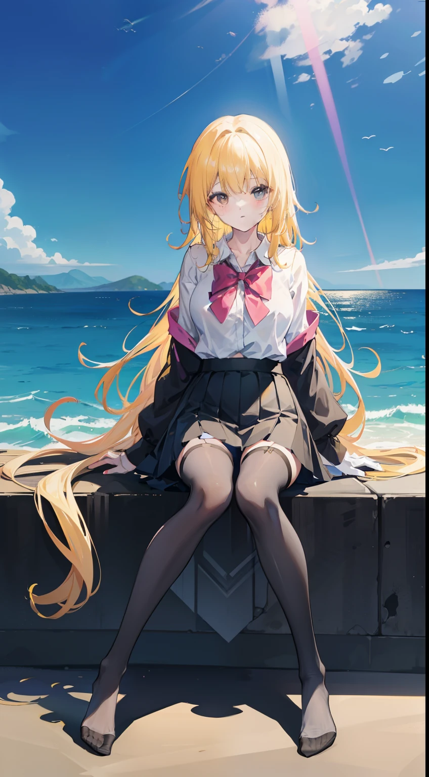 masutepiece（（tmasterpiece）），（White collar blouse），（（Black Microskirt）），（black transparent stockings），adolable，is shy，（Long yellow）hair，red bowtie，long legged，（By the sea），（Facing the sea），open navel，No shoes on