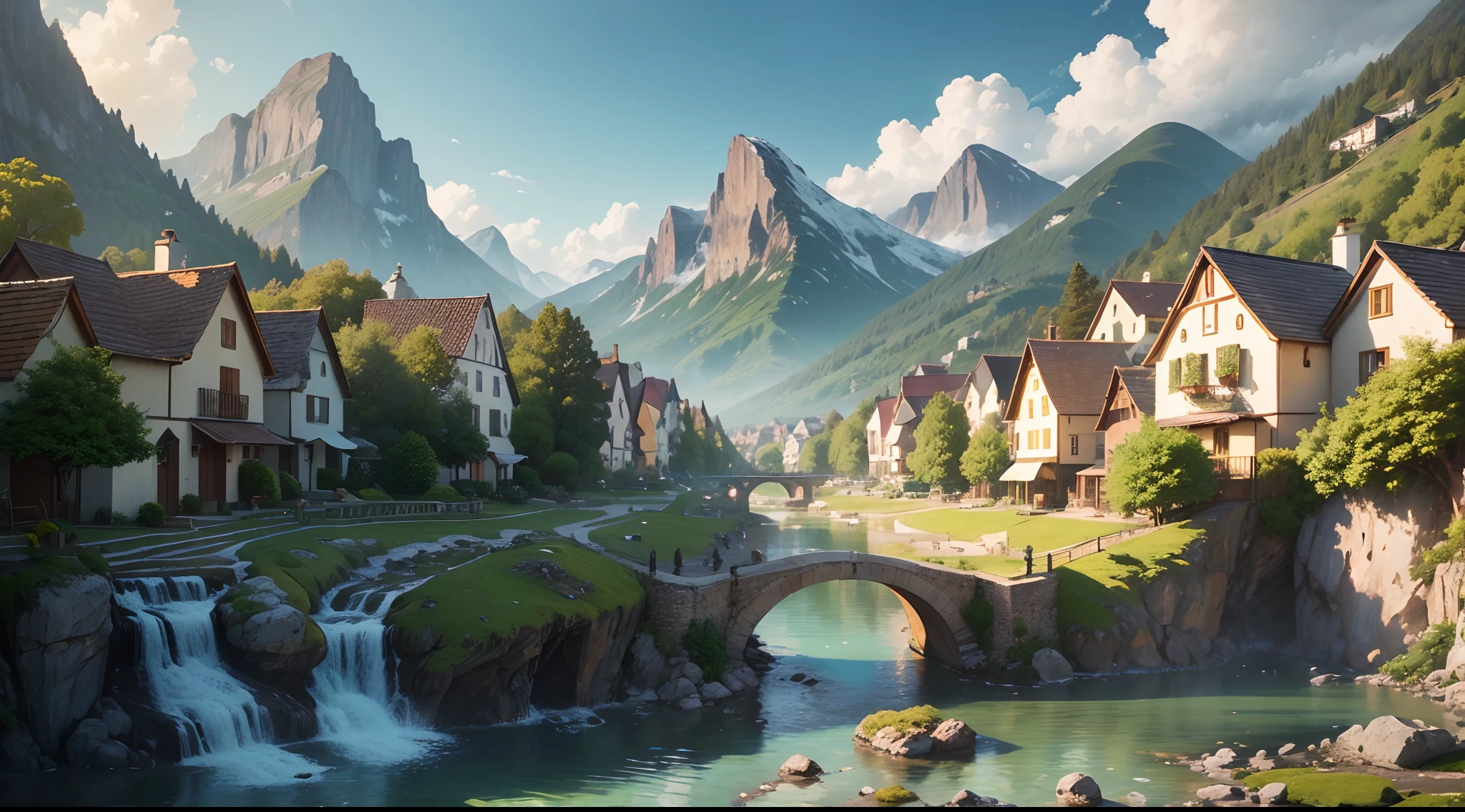 (best quality,highres,masterpiece:1.2),ultra-detailed,realistic,landscape,charming village scene,nestled among majestic mountains,flowing rivers and cascading waterfalls,narrow cobblestone streets lined with colorful houses,lovely little bridges connecting the neighborhoods,peaceful atmosphere with birds chirping and leaves rustling,trees laden with vibrant foliage,clear blue skies with fluffy white clouds,golden sunlight casting a warm glow on the scene,soft rippling reflections of the village in the crystal-clear waters,subtle play of light and shadows on the architecture and the surrounding nature,warm and inviting color palette with earthy tones and pops of bright hues,impressionistic brushstrokes that capture the essence of the scenery,immaculate attention to detail showcasing each intricate element of the village,majestic mountains towering in the background,providing a dramatic backdrop to the idyllic scene,serene waterfalls cascading down the rocky cliffs,creating a soothing sound and adding to the tranquility of the place,lush greenery blanketing the mountainsides and valleys,showcasing the beauty of nature in all its glory,an enchanting setting that evokes a sense of peace, serenity, and a longing to explore every corner.