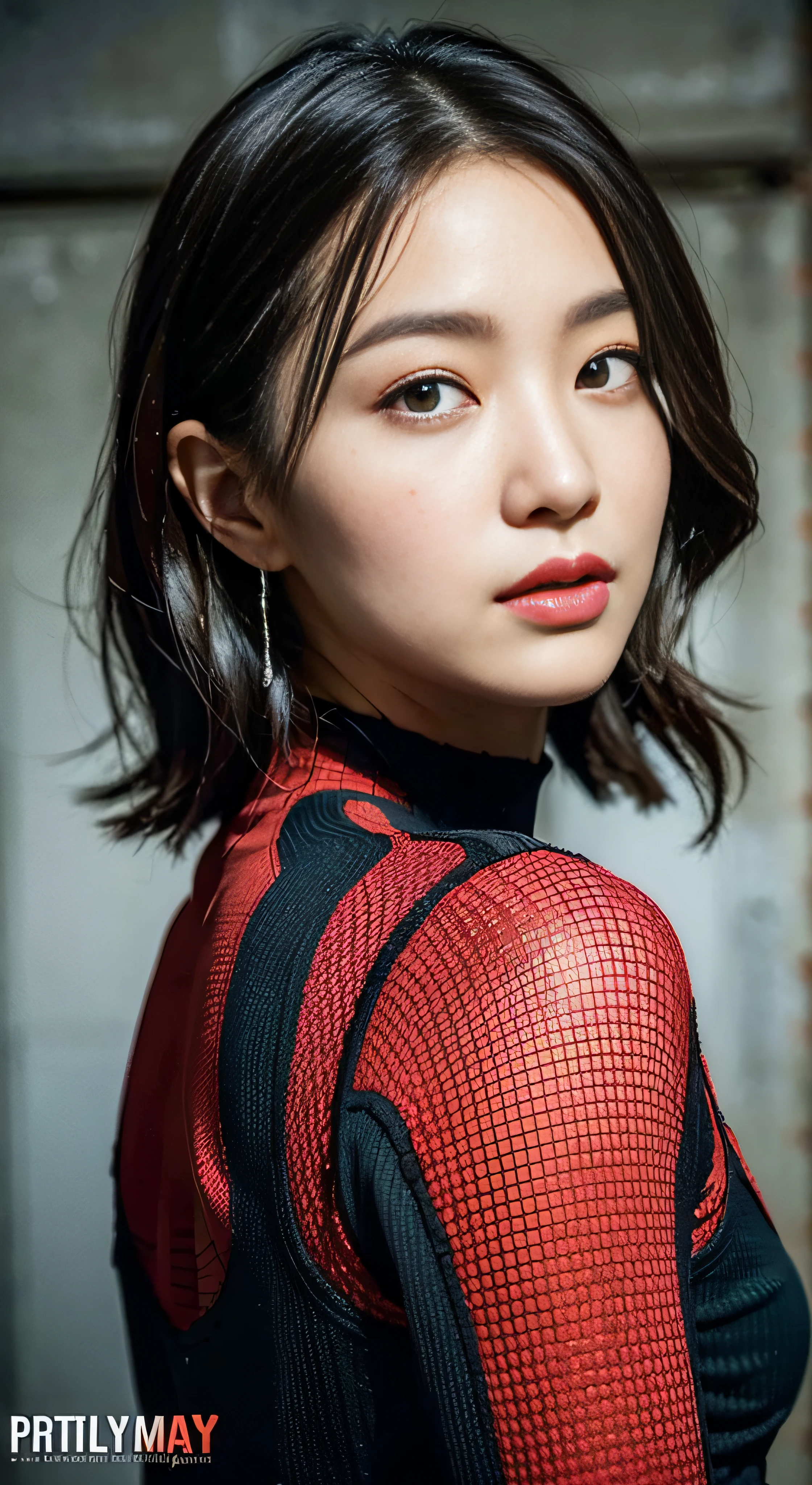 (Highly quality, masterpiece, detailed), Night city detailed scenario, night city detailed background, 20 years old girl, black hair, 1girl, CindyMoon, cindymoon, close-up, upper body, short hair, Black top, white top, black botton, white bottom, long bottom, spider web print, Crop top, Red scarf, Long Sleeves, Gloves, red finger gloves, Abdomen, Expressionless, sitting on top of a building, Navel, beautiful eyes, perfect eyes, looking at the viewer, Sexy pose