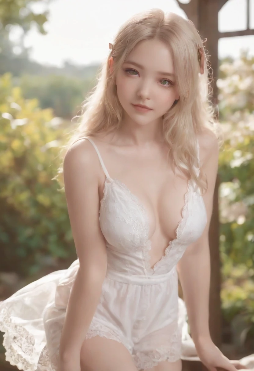 Cat-eared girl in white dress standing in the garden, romper，Long haired blonde，eBlue Eye，(((The sleeveless shirt fell off, I saw the white underwear, smiling naughtily., Nedium chest，(((Pull up the skirt to reveal the panties.)))，loli in series, Loli curved small, (Tshibi:1.3), Gouwiz style artwork, Guweiz in Pixiv ArtStation, guweiz on artstation pixiv, Gouwiz, small li girl, soft anime illustration, anime visual of a cute girl, Detailed Digital Anime Art,  shaved  , topless