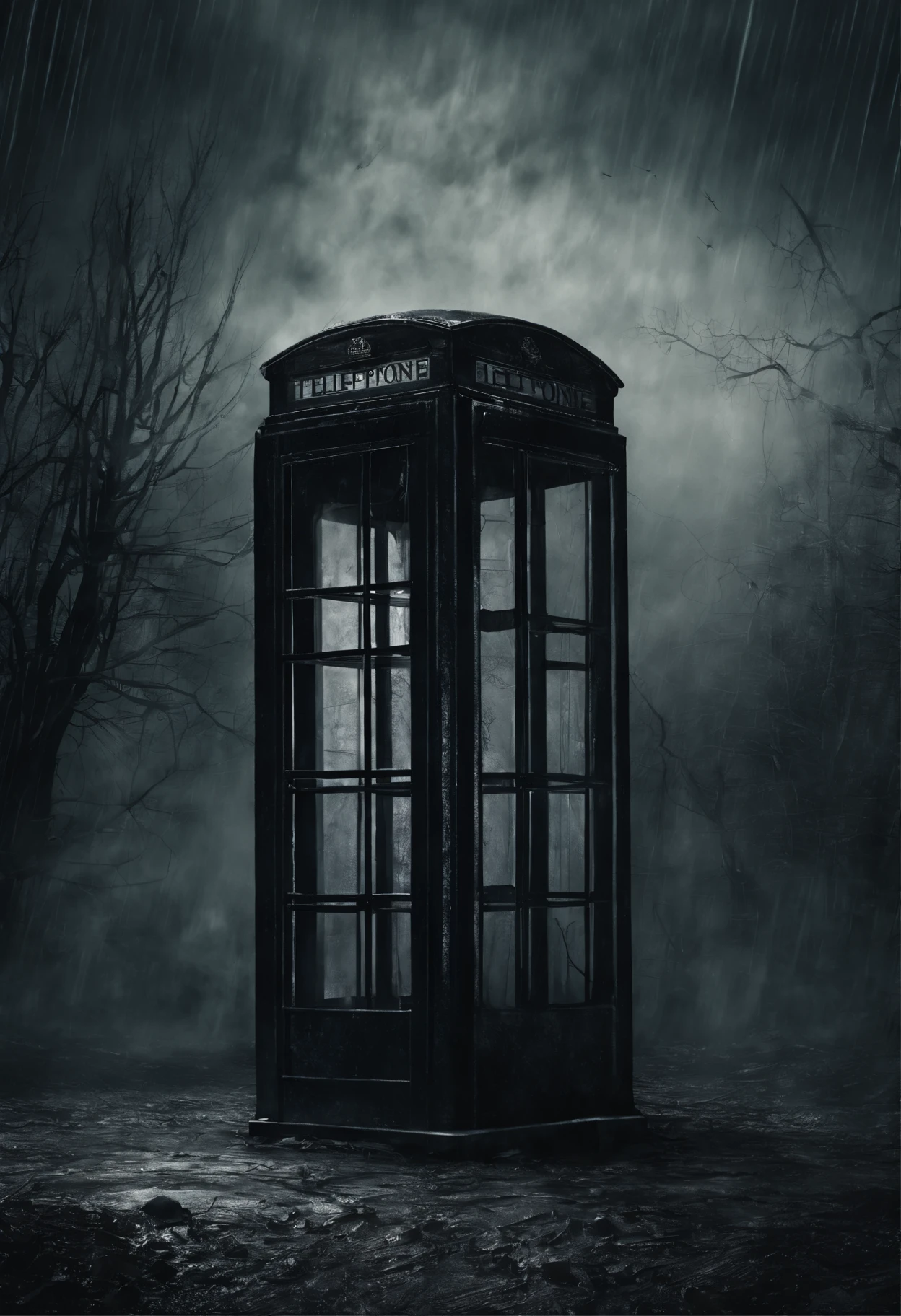 Dense atmosphere. A lonely telephone booth standing in a puff