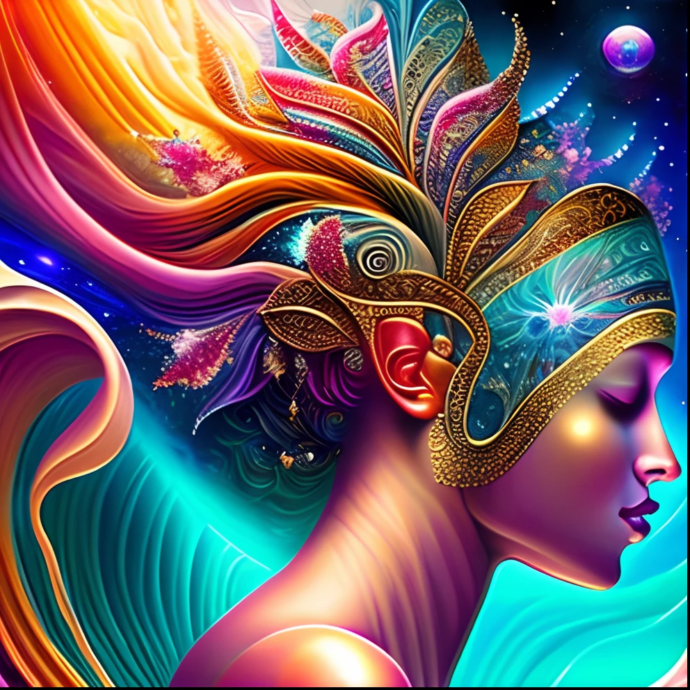 Diving Into The Ether Flowing with The Eternal Soul Through Vibration of love, everything is connected, Flowing energy, Spiritual, divine, dreamlike, cosmic, concept art, mind blowing, feminine beauty, god, pineal gland, dreamlikeart