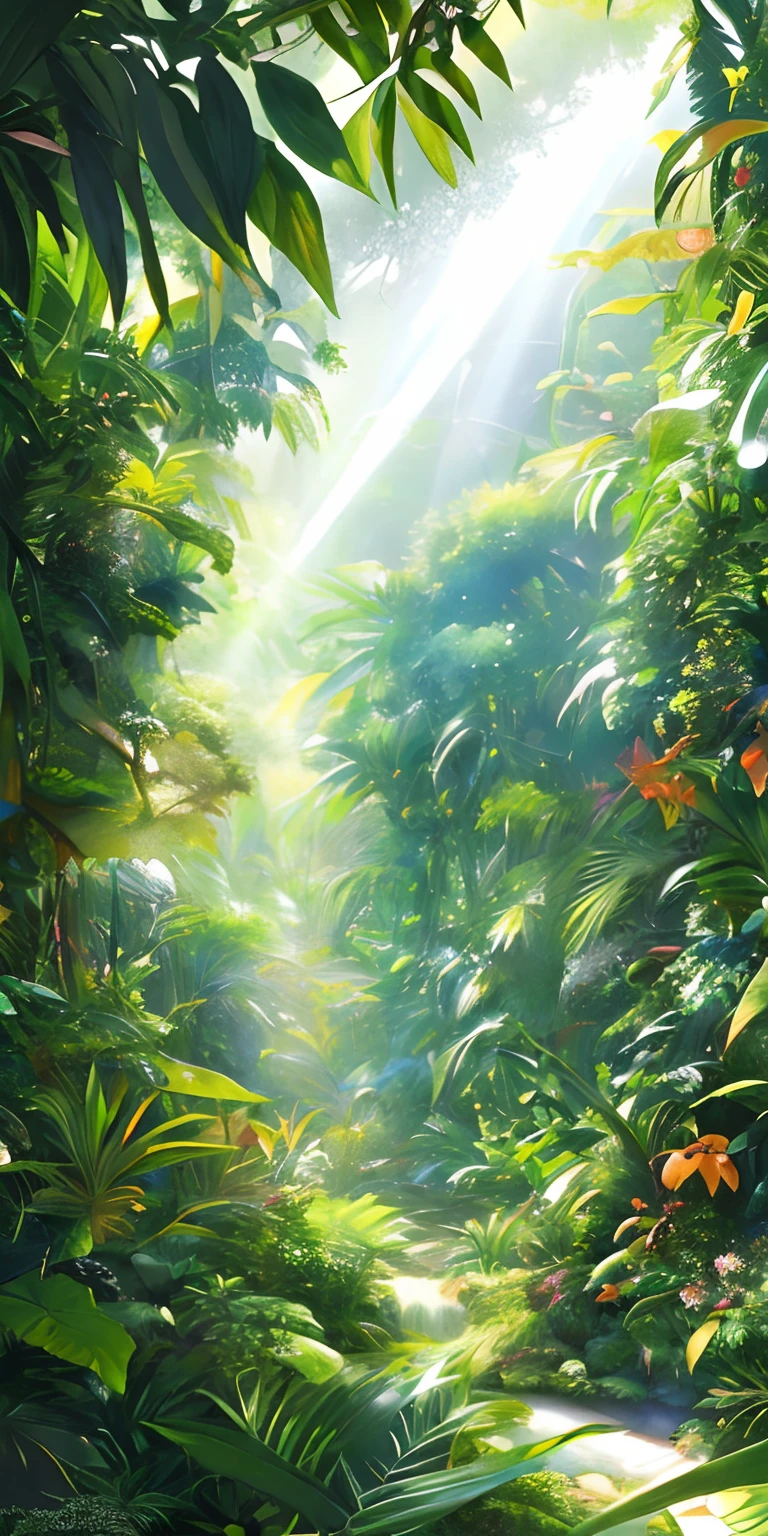 Digital illustration, detailed and intricate, of a dense jungle filled with exotic plants and animals, the sunlight filtering through the canopy creating a dappled effect. In the style of Yoshitaka Amano and Hayao Miyazaki, masterpiece, proportional, detailed, trending on artstation, beautiful lighting, realistic, intricate, award winning, 4k, highest quality