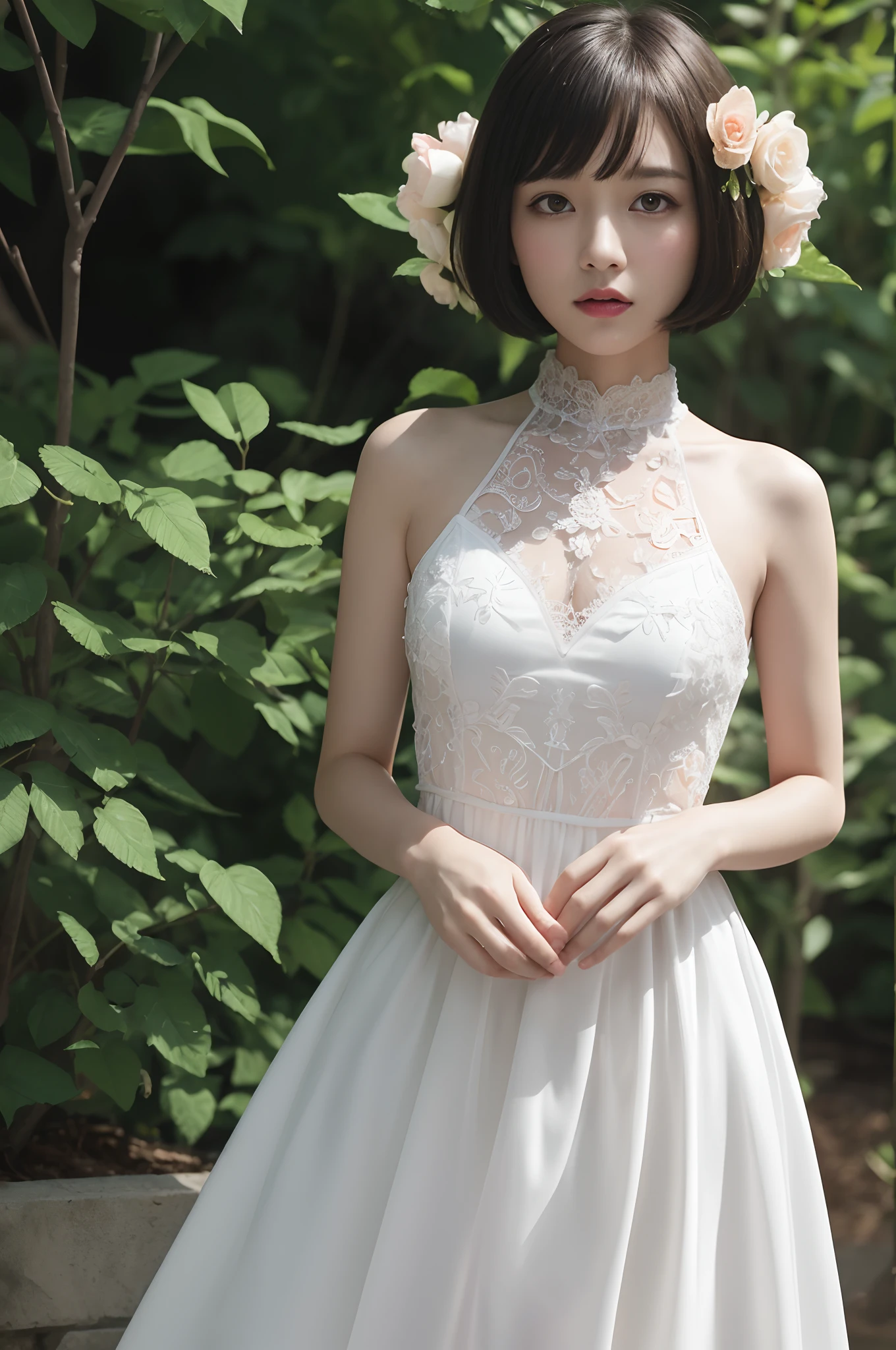 (extremely delicate and beautiful work)、(​masterpiece)、Highly detailed mermaid wedding dresses、halterneck、Bridal tiara、Bridal Veil、poneyTail、A charming expression、Beautiful and clear eyes、Simple blurry background、mare、Ultra-fine painting、delicated face、Delicate figure、thin clavicle、Beautiful lips、、(8K、Raw photography、top-quality、​masterpiece:1.2), (reallistic, Photorealsitic:1.37)、Cute、Professional Lighting, Photon mapping, Radio City,  ((Low Angle Full Body Shot))、[[[valley]]]、(The background is the forest:1.2),(short hair:1.4),smile