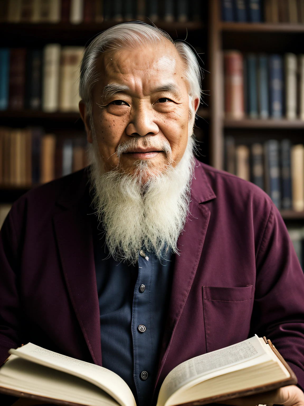 Hyper-Resolution, Ultra photo realsisim, cinema shot, An 80-year-old Asian father，Look at the viewer，Elderly father，Books in hand,Spiritual elderly,Single image， Short white hair，White Viking beard,  Wide shoulders,  High focal length, Bust photo，Faraway view，Digital SLR, Dark Studio, rim lit, twotonelighting, Dimly lit, low tune, Backlight,