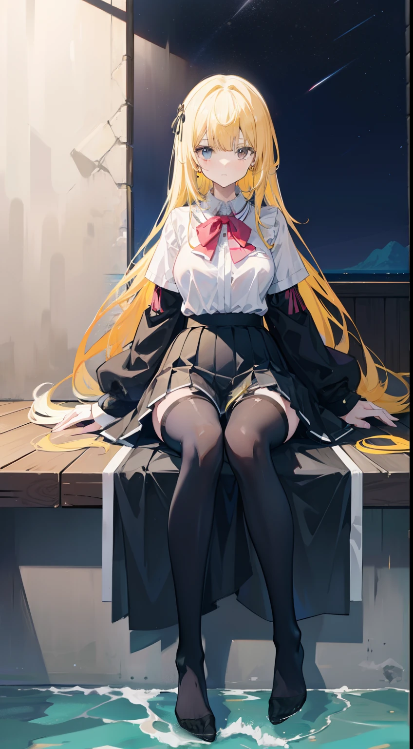 masutepiece（（tmasterpiece）），（White collar blouse），（（Black Micro Skirt）），（black transparent stockings），adolable，is shy，（Long yellow）hair，red bowtie，long legged，（By the sea），（Facing the sea），open navel，No shoes on