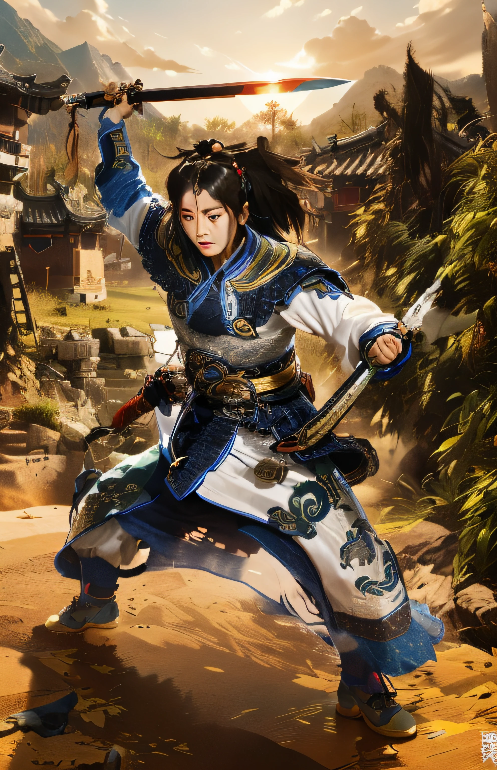 (Unreal Engine 5),Realistic rendering, (villages), （Chinese armor），A woman from the Three Kingdoms practices her sword in the village，Double knife in hand， Song dynasty pastoral songs, ukiyo-style，epic full color illustration, inspired by Li Kan, tai warlord, Inspired by Chen Danqing, The feeling comes from Shen Quan, Inspired by Hu Zaobin, inspired by Zhu Derun, Inspired by Huang Shen, inspired by Li Rongjin, Inspired by Shen Zhou，inspired by Lu Zhi, author：Yoon Du-seop,