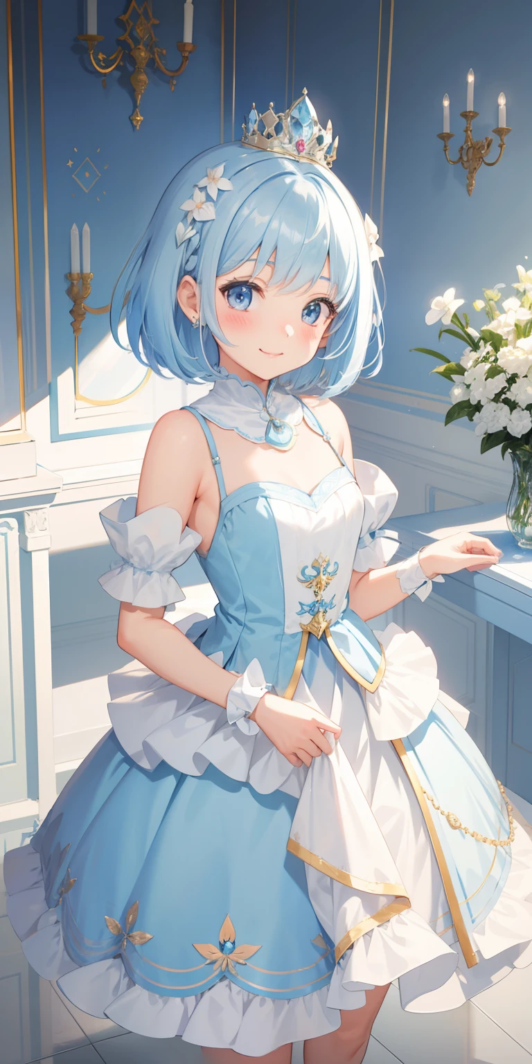 An 8 years old girl, short hair,  light blue hair, princess outfit, dress, smiling, happy,  blush, palace, glowing, sidelighting, wallpaper