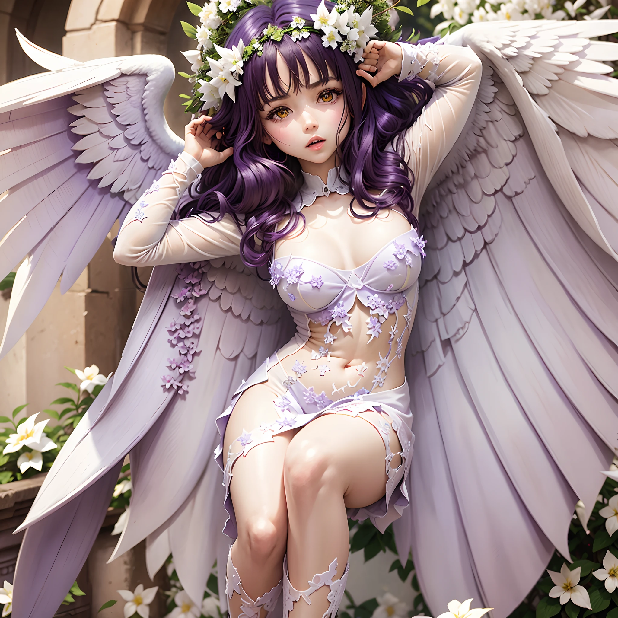 Purple Angel Monster in White Garden of Eden, white flowers, blue skies, Purple Butterflies, anger.