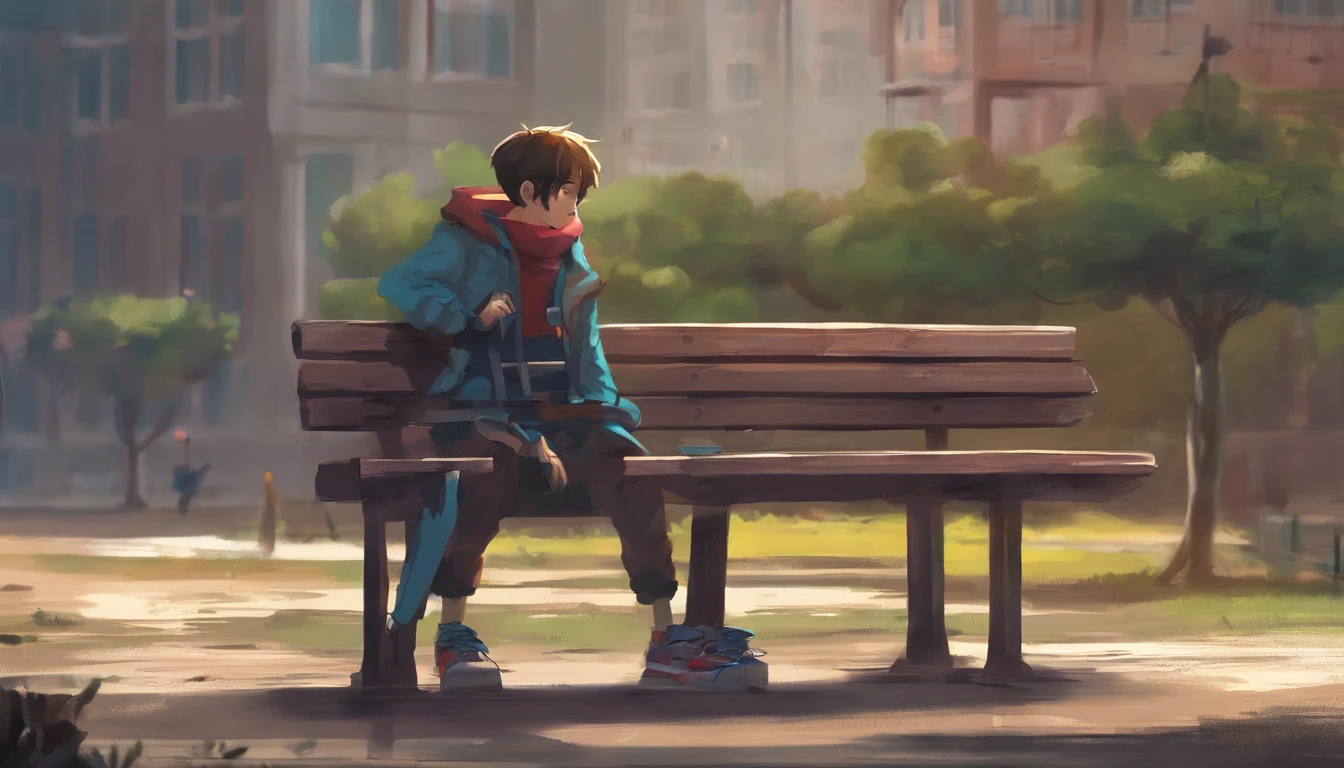 A shy boy is sitting alone on a bench in the schoolyard on a cloudy day. A su lado, un grupo de chicas conversa animadamente entre ellas