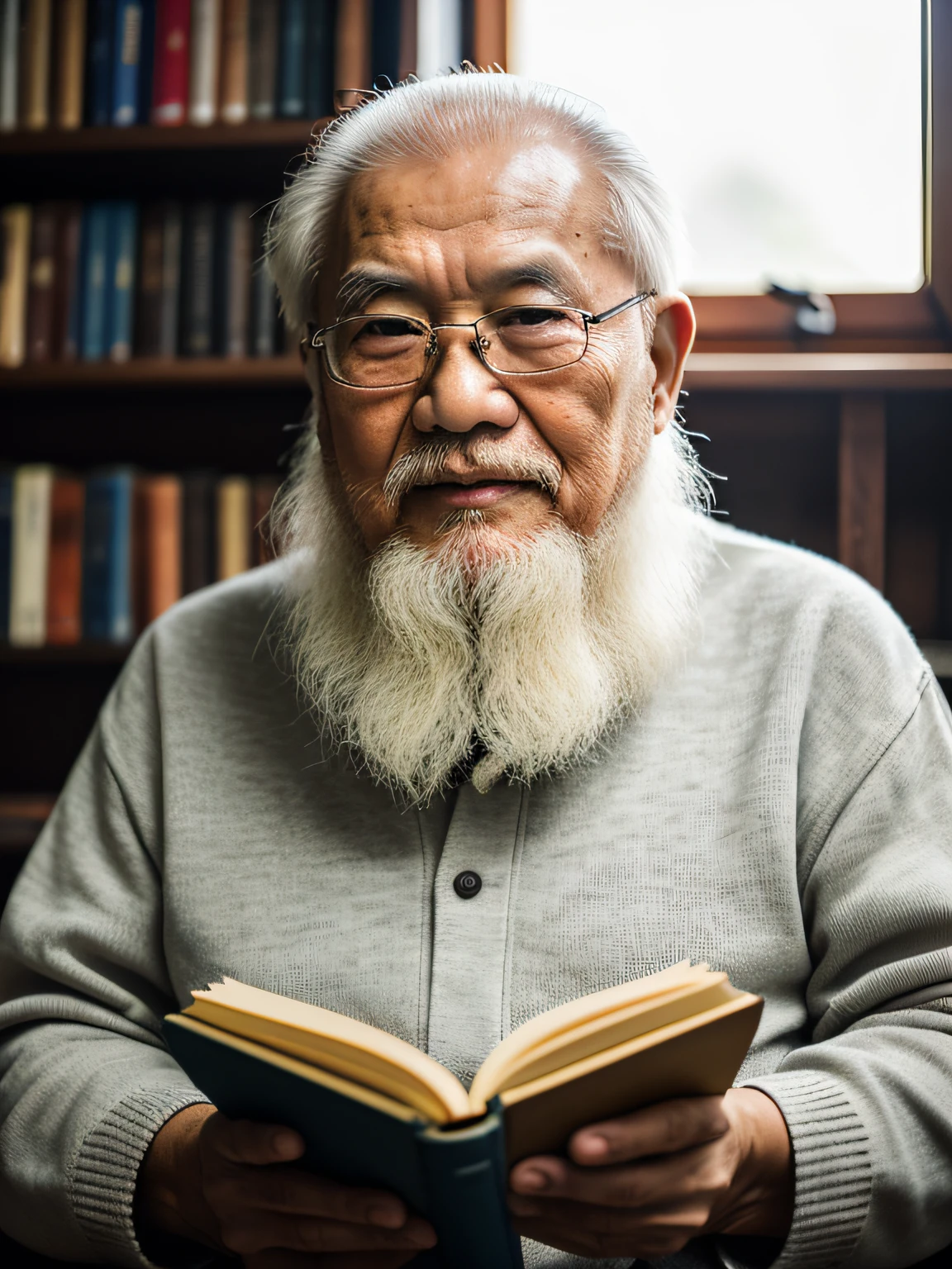 Hyper-Resolution, Ultra photo realsisim, cinema shot, An 80-year-old Asian father,Look at the viewer,Elderly father,Books in hand,Spiritual elderly,Single image, Short white hair,White Viking beard, Wide shoulders, High focal length, Bust photo,Faraway view,Digital SLR, Dark Studio, rim lit, twotonelighting, Dimly lit, low tune, Backlight,