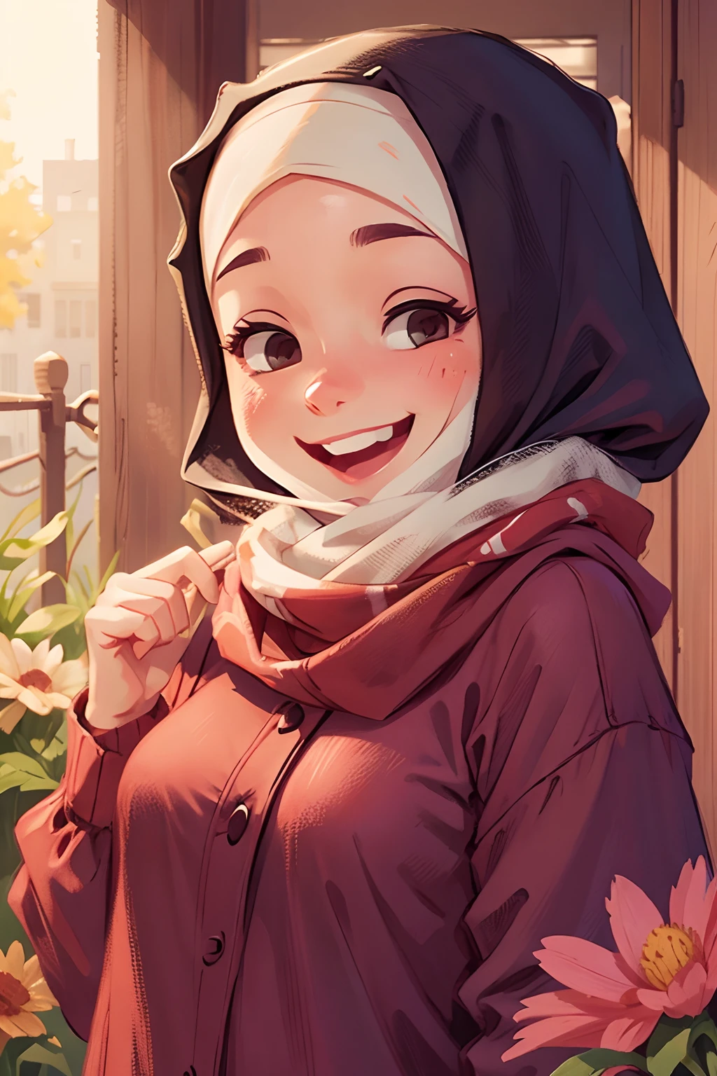 muslim woman in hijab holding a bread in front of a city skyline, urban girl fanart, artwork in the style of guweiz, in an anime style, by Naza, by Ei-Q, high quality fanart, inspired by Fathi Hassan, in anime style, lofi portrait, 🤤 girl portrait, detailed fanart, inspired by Shaddy Safadi, with sunset