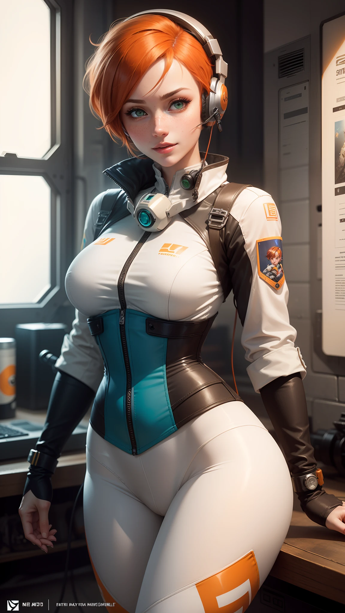 gwen tennyson,1girl,tracer,elsa,rebecca chambers,overwatch,gundam,close up,mecha pilot,battleship,orange and steel plugsuit,hair pin,pirate corset, white long sleeve lycra top,white leggings,short hair,cute makeup,green eyes,orange and blue hair,shy smile, freckles,redhead,beautiful girl,large breasts,ultra detailed,realistic,fantasy art, gaming headset,pilot jacket,flying a helicopter,