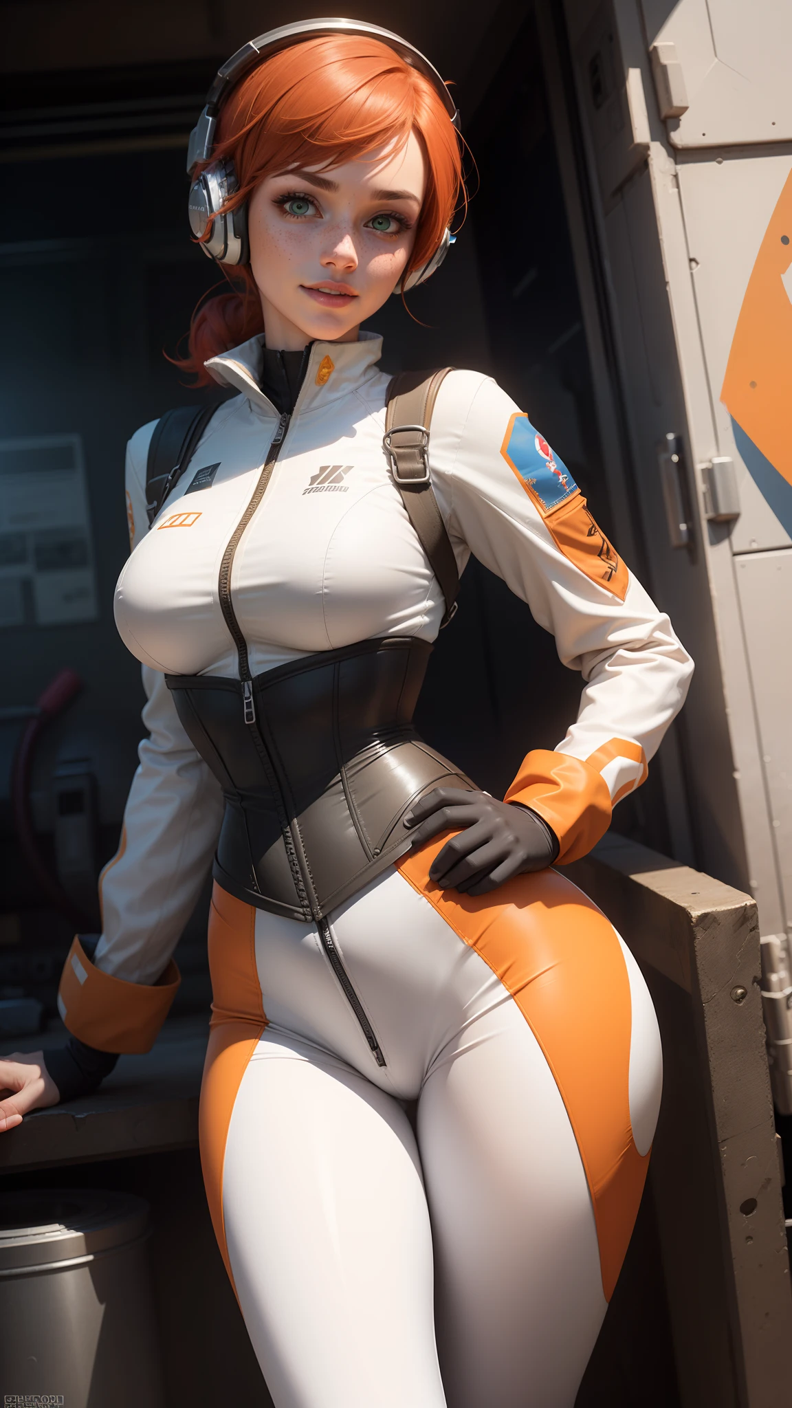 gwen tennyson,1girl,tracer,elsa,rebecca chambers,overwatch,gundam,close up,mecha pilot,battleship,orange and steel plugsuit,hair pin,pirate corset, white long sleeve lycra top,white leggings,short hair,cute makeup,green eyes,orange and blue hair,shy smile, freckles,redhead,beautiful girl,large breasts,ultra detailed,realistic,fantasy art, gaming headset,pilot jacket,flying a helicopter,