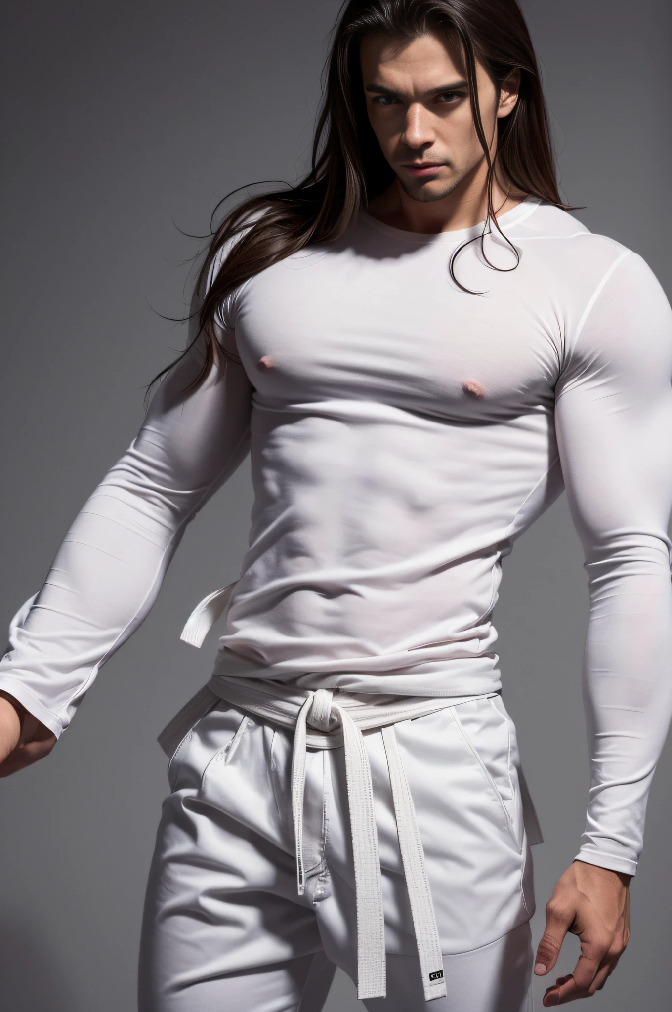 a picture, a handsome, 8k full body portrait of a man, badness, disheveled long hair, musculature, Detailed muscular physique, a picture, (masterpiece, top-quality, top-quality, Official art), Photorealistic depiction,20yr old, toned waist, long limbs, bare-legged, White karate uniform, White karate obi, White karate pants, Accurate depiction of details, Perfect skeleton, Look straight at your audience, sharp gaze