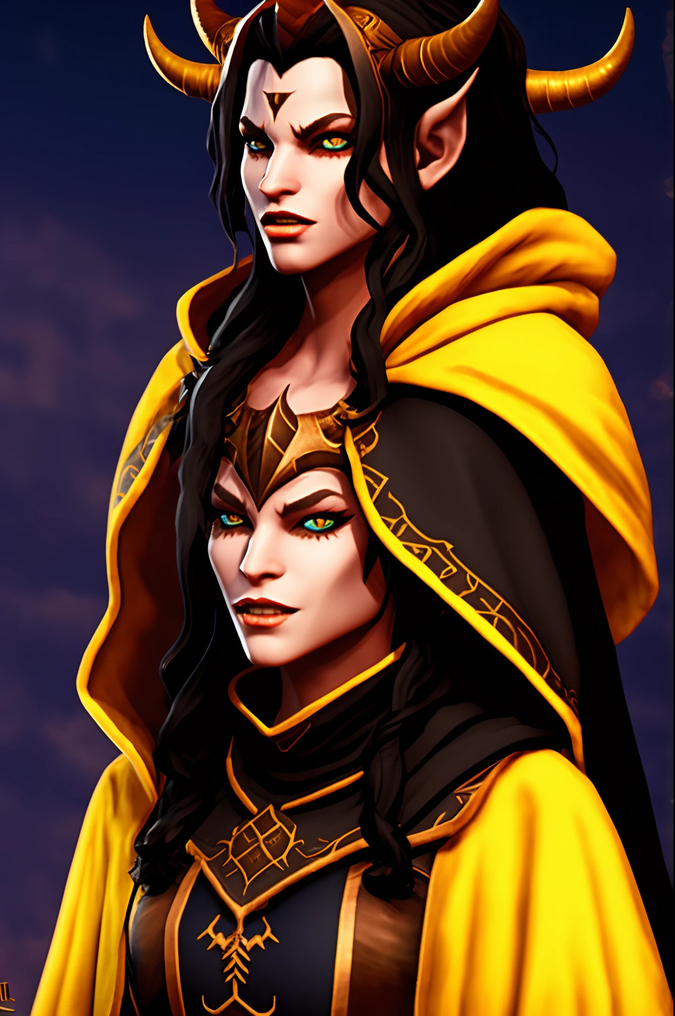 Teifling, Long black hair, red skin, yellow eyes. Two horns curved down, blue preist clothing, black cloak