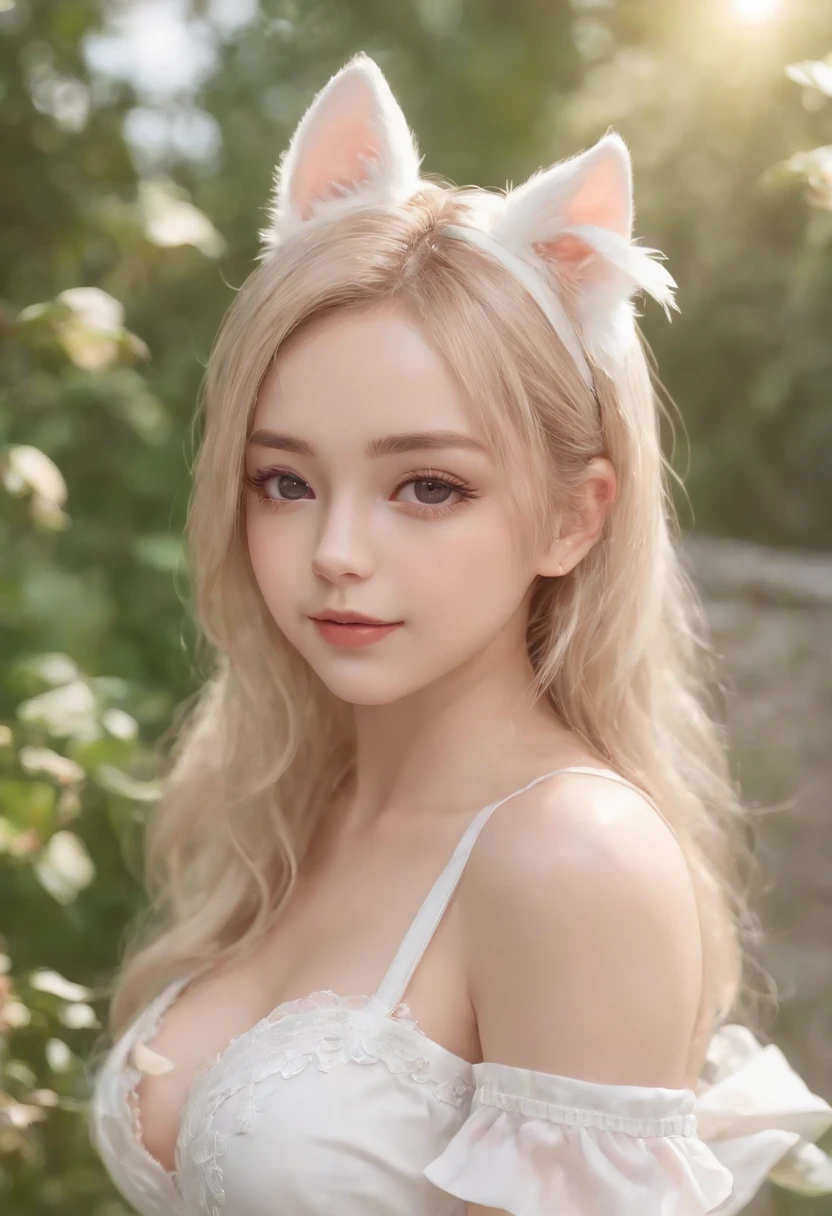 Cat-eared girl in white dress standing in the garden, romper，Long blonde hair，eBlue eyesTake off your shirt, see the nipples., Smiling mischievously.., Nedium chest，(((Pull up the skirt to reveal the panties..)))，Loli in series, Loli curved small, (chibi:1.3), Gouwiz style artwork, Guweiz in Pixiv ArtStation, guweiz on artstation pixiv, Gouwiz, small loli girl, soft anime illustration, anime visual of a cute girl, Detailed Digital Anime Art,  shaved  , ???????