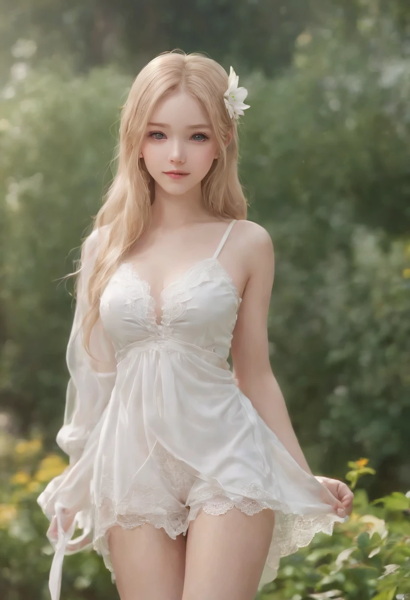 Cat-eared girl in white dress standing in the garden, romper,Long blonde hair,eBlue eyesTake off your shirt, see the nipples., Smiling mischievously.., Nedium chest,(((Pull up the skirt to reveal the panties..))),Loli in series, Loli curved small, (chibi:1.3), Gouwiz style artwork, Guweiz in Pixiv ArtStation, guweiz on artstation pixiv, Gouwiz, small loli girl, soft anime illustration, anime visual of a cute girl, Detailed Digital Anime Art, shaved , topless