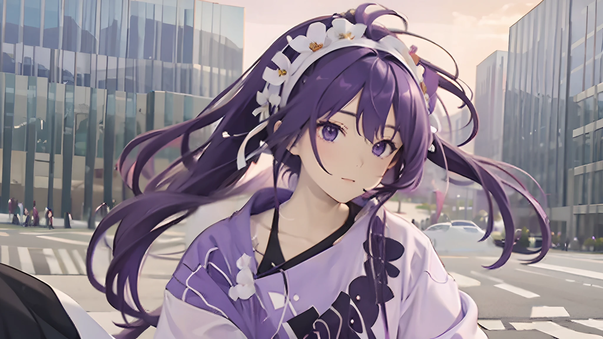 girl. long hair with purple bangs. dark purple eyes. white and purple flower petal headbands.
purple and white long sleeved shirt.