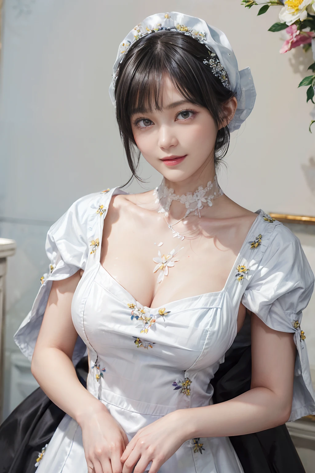 masutepiece, Best Quality、Realistic, ( Intricate details, depth of fields)、Hyper-Realism, 8K, Best Quality, Super Detail, retinas, ighly detailed, Perfect face, Perfect body, Huge breasts, Constriction, Very big ass, Glamour, indirect lighting, hair wavy、Shorthair、prety woman,A dark-haired、goddess of Japan、 the perfect appearance, Smile, Lolita, Oily skin、shinny skin, White dress with floral pattern((Luxurious decoration))、flower  field((outside of house))、Sunlight, Anatomically correct（(Full Body including thighs))a picture、Skin Texture、Sit and sit