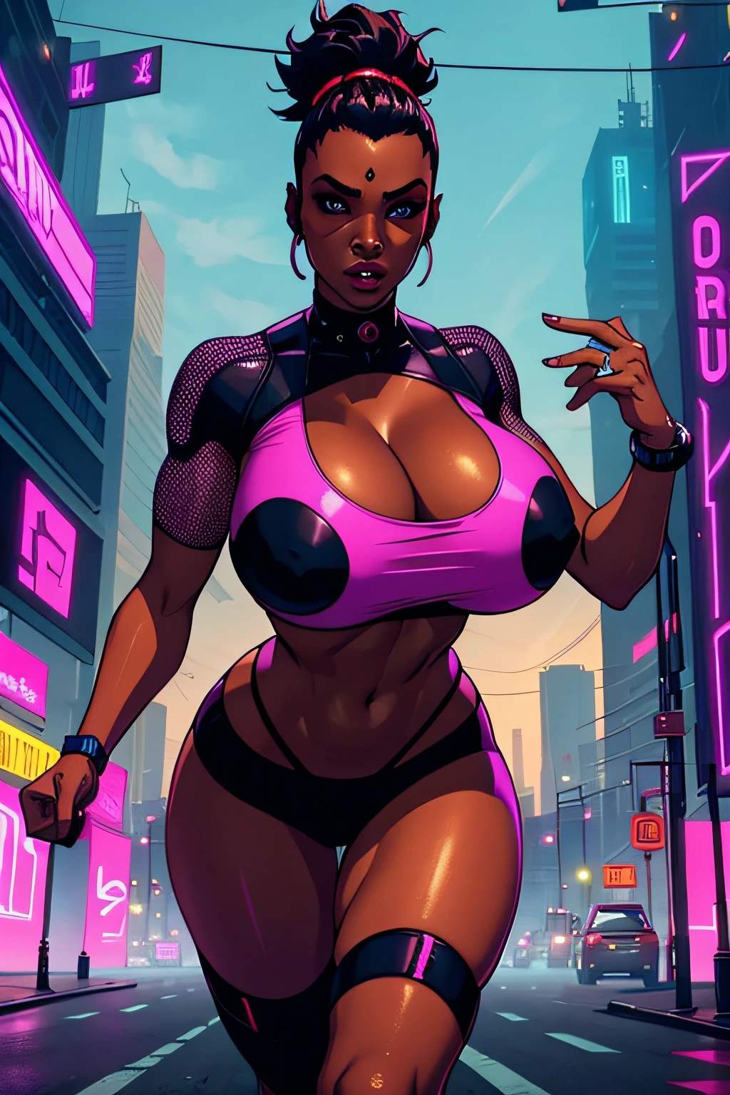 Huge boobs dark skin girl, running cyberpunk city