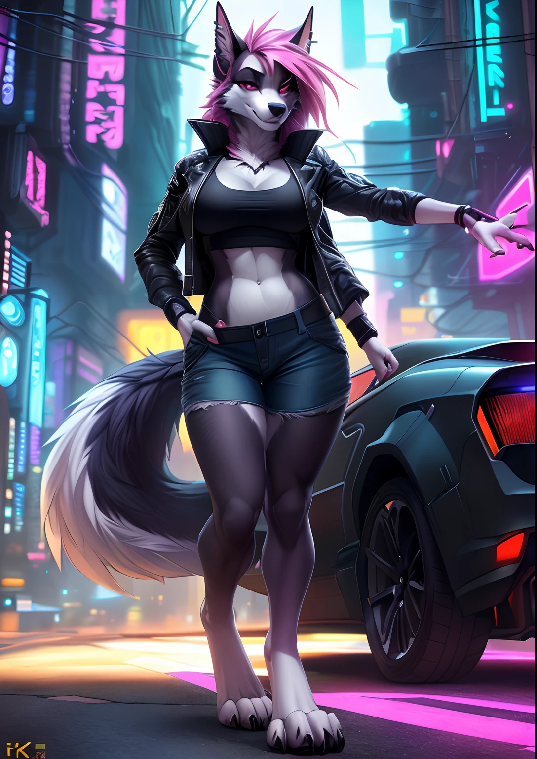 uploaded on e621, (by Wildering, by Koul, by fluff-kevlar, by aycee), solo, neck tuft, hip tuft, leg tuft, fluffy tail, blue eyes)), ((full-body portrait)), (masterpiece), (best quality), (anthro furry:1.3, snout:1.2, anthro:1.3, furry:1.2, solo female:1.2), (thick figure, curvy figure), (wide hips), (extremely thick thighs), (huge breasts, perky breasts), (sexy pose, suggestive pose, cyberpunk car), (((hellhound, black and white fur))) BREAK (((cyberpunk outfit sexy, cropped unzipped jacket with small tanktop, full body, digitigrade feet, long pink hair))), (cyberpunk city background, depth of field, sunlight, ambient light on the body), (intricate:0.7), (high detail:1.3), (unreal engine:1.3), (sharp focus:1.15), [explicit content, questionable content], (masterpiece, best quality, 4k, 2k, shaded, absurd res)