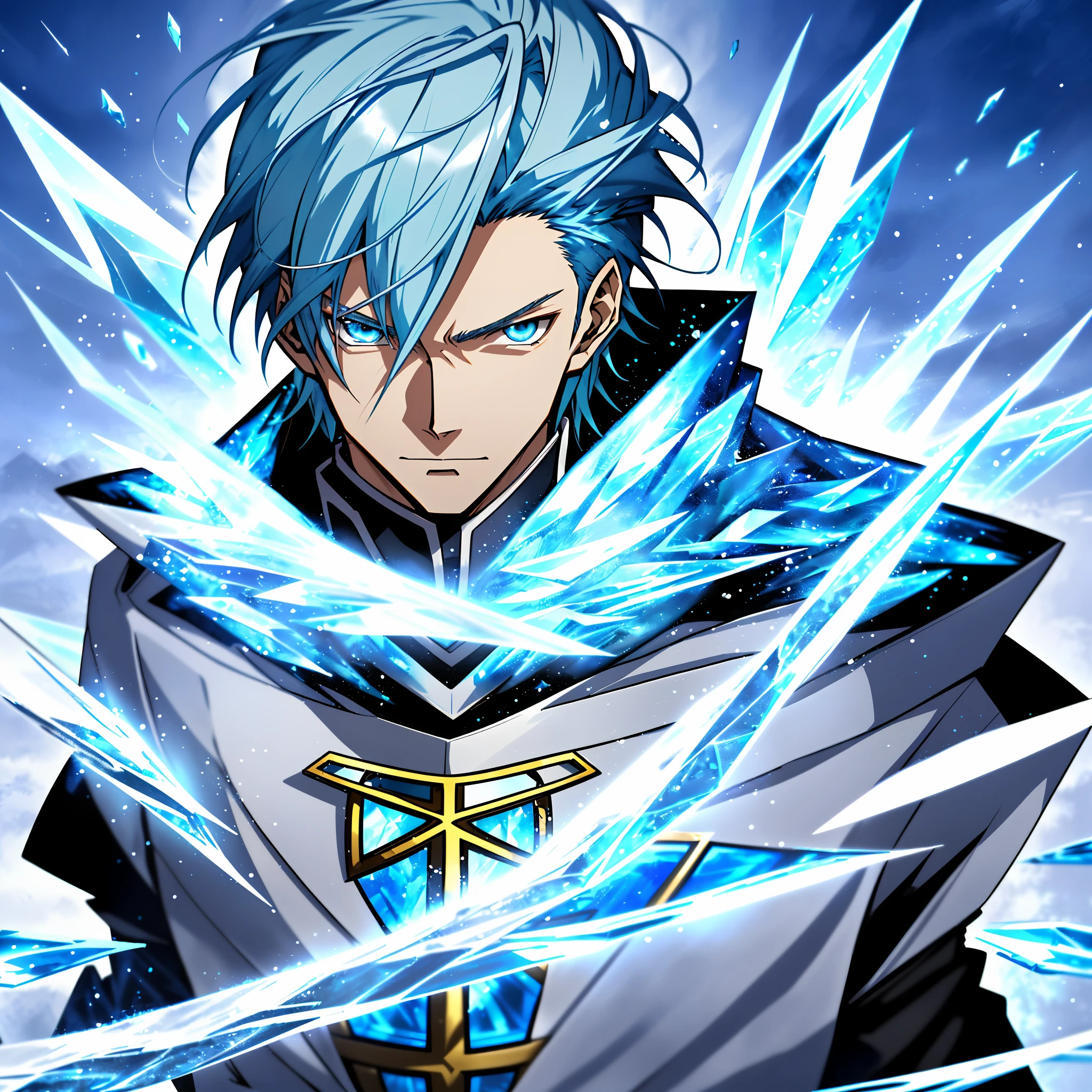 Anime characters with blue hair and blue eyes in snowy scenes, Ice Mage, Tall anime guy with blue eyes, freezing blue skin, Key anime art, male anime character, Ice crystal armor, Detailed key anime art, full portrait of magical knight, Blue and ice silver coat, with ice powers