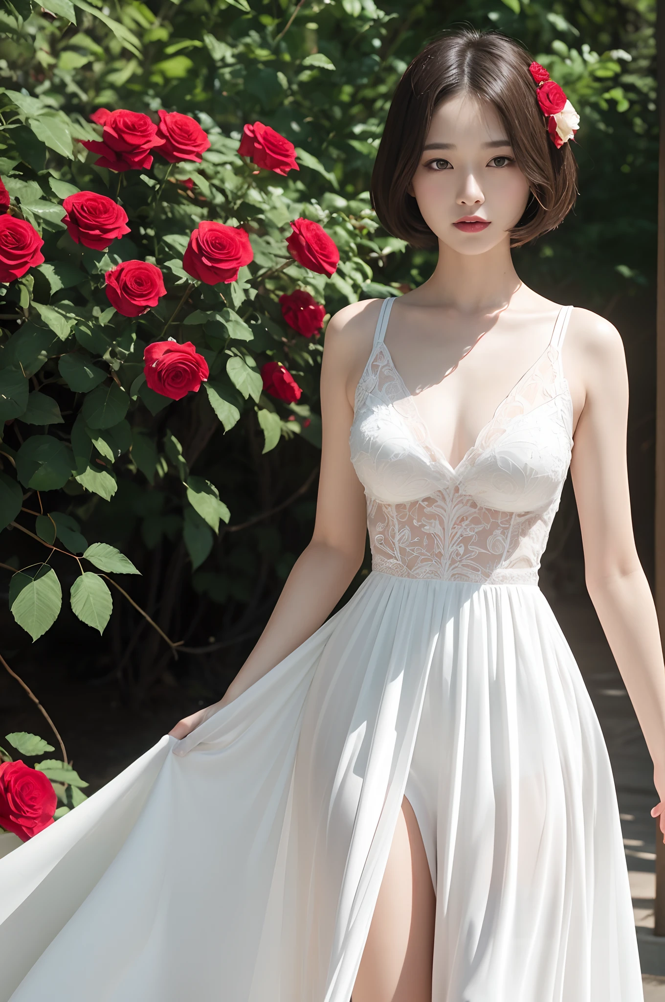 top-quality, tmasterpiece, A high resolution, 1girll, beautiful and flawless face, bob-cut, very long dress, intricately details, SENSE OF CINEMA, 8K, The is very detailed、Red roses