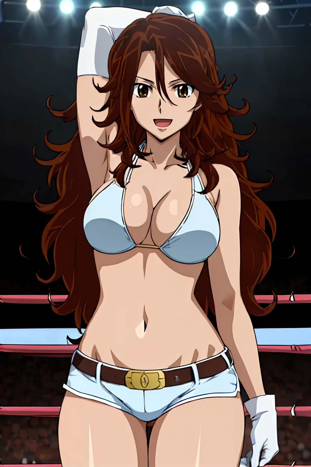 hands behind head, nice body, , anime style: 1.8, anime drawing, ultra detailed face, ultra detailed body, , 4k, Sumergai Lee Noriega, (standing), best quality, anime style, hires, highest definition, digital blending, bold drawing lines, ((slim waist, female wrestler), (location: wrestling arena, crowds watching), ( (fit), athletic , little biceps, thighs, off-shoulders, (curvy: 6.8), lighting, spot lights, very shiny skin), ((string bikini, shorts, groin, , white gloves, collar, belt)), victorious, winner, , (very big round breasts, smile, open mouth), (big eyes, brown eyes), (), (brown hair, loose hair, curly hair, wavy hair, , hair, missy hair), 27 years old,