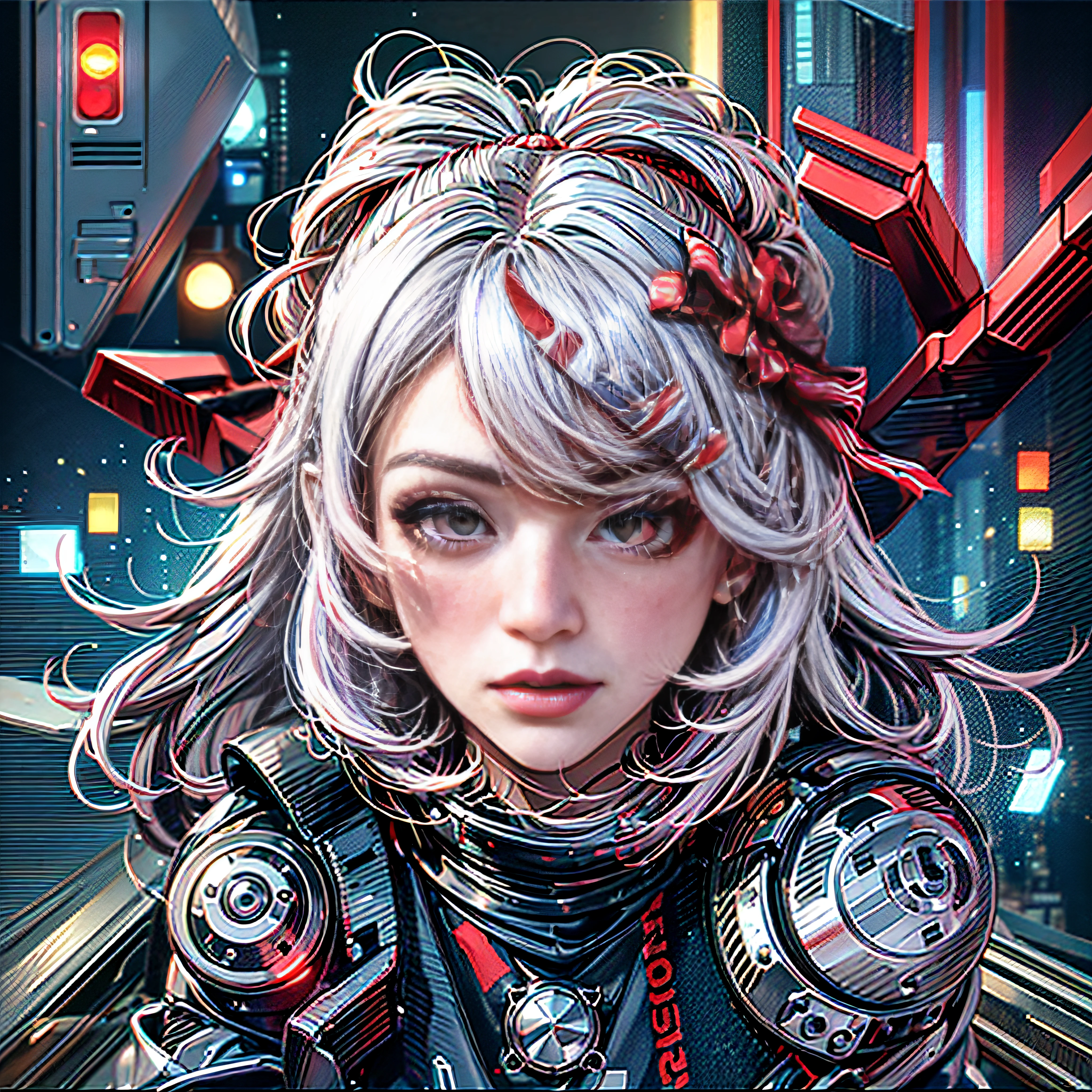 official art, unity 8k wallpaper, ultra detailed, beautiful and aesthetic, masterpiece, best quality, realistic, horns, blush, long hair, white hair, streaked hair, red eyes, hair bow, mole under eye, red akirabike, riding bike, night, cyberpunk city view, epic screen, school uniform,
