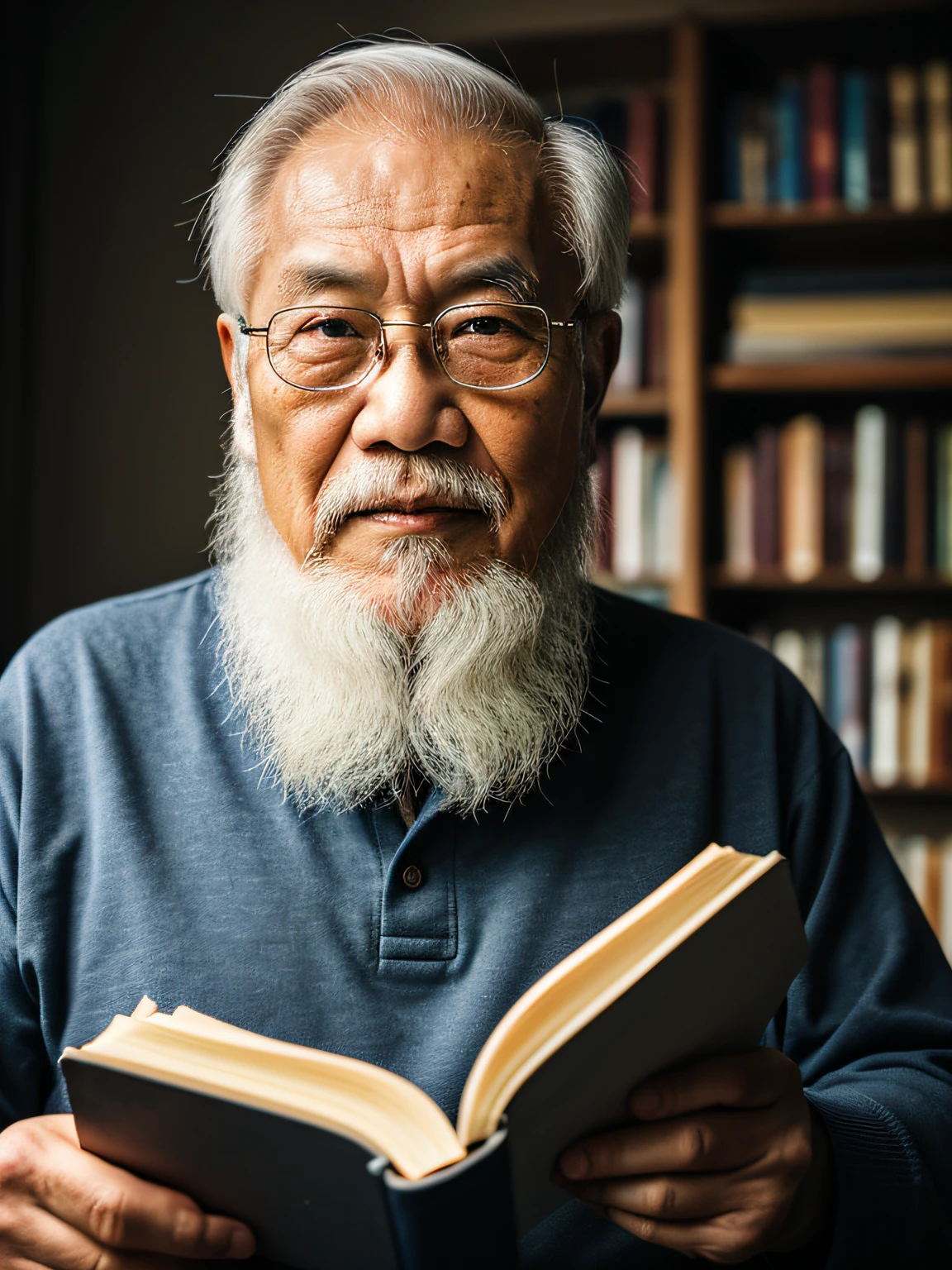 Hyper-Resolution, Ultra photo realsisim, cinema shot, An 80-year-old Asian father,Look at the viewer,Elderly father,Books in hand,Spiritual old man,Single image, Short white hair,White Viking beard, Wide shoulders, High focal length, Bust photo,Faraway view,Digital SLR, Dark Studio, rim lit, twotonelighting, Dimly lit, low tune, Backlight,