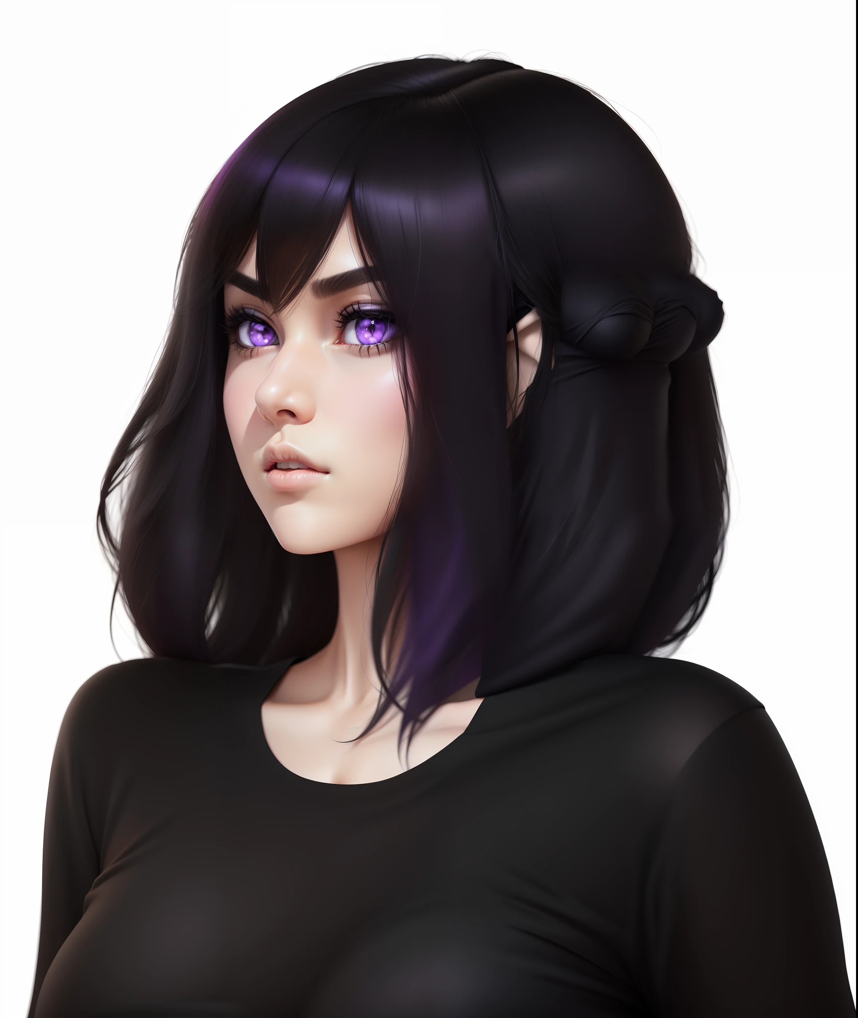 Girl with black hair and purple eyes in black shirt, semirealistic anime style, anime realism style, realistic young anime girl, semi realistic anime, anime styled 3d, realistic anime style, render of april, realistic anime 3 d style, - anime goth girl, black hair