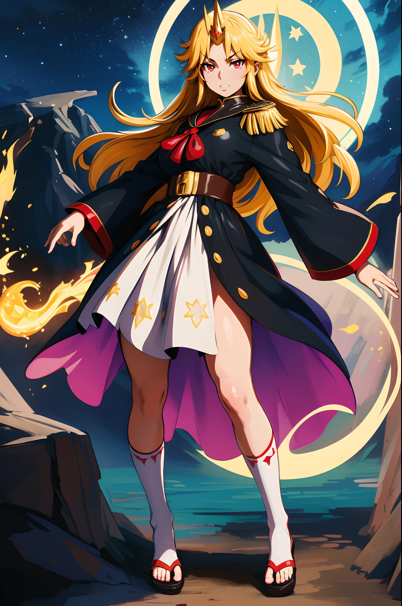 hoshiguma yuugi,black jacket, red shorts, red socks, shoes epaulettes, aiguillette, black jacket, red shorts, red socks, white rose, shoes school uniform, serafuku, sailor collar, green skirt, puffy sleeves,huge breast, , female,fantasy goddess,there is a cartoon picture of a woman with a very large breast, glowing angelic being, glowing holy aura, inspired by Luma Rouge, the non-binary deity of spring, ethereal rainbow nimbus, the butterfly goddess of fire, inspired by Marie Angel, glowing aura around her, astral fairy, as the goddess of the sun, “uwu the prismatic person, big breast, happy, beautiful eyes, , full body, walking, long robe, long dre, catgirlss,, priestess ,holy, smile, long dress, brown hair, female,red eyes, black robe with stars symbolism, full body, flipflops,(best quality,4k,8k,highres,masterpiece:1.2),ultra-detailed,(:1.37),black robe with blue stars simbolism, girl with queen crown,beautiful detailed eyes,beautiful detailed lips,extremely detailed eyes and face,longeyelashes,golden crown adorned with diamonds,glowing blue stars on the robe,glittering pearls entwined in hair,royal purple backdrop,sparkling tiara,rich textures and fabrics,regal posture,confident expression,majestic aura,ethereal lighting,hauntingly beautiful atmosphere,elegant and magical,enchanted garden in the background,floating golden particles,subtle reflections on the crown,sublime tranquility,depth and mystery,sophisticated and regal,impeccable attention to detail,captivating and enchanting,ethereal and divine,fantasy-inspired artwork,dreamlike and surreal,celestial beauty and elegance,dark and mysterious,royal and majestic vibes,meticulous craftsmanship,vivid colors,whimsical and otherworldly., darks clothes,sharpteeth