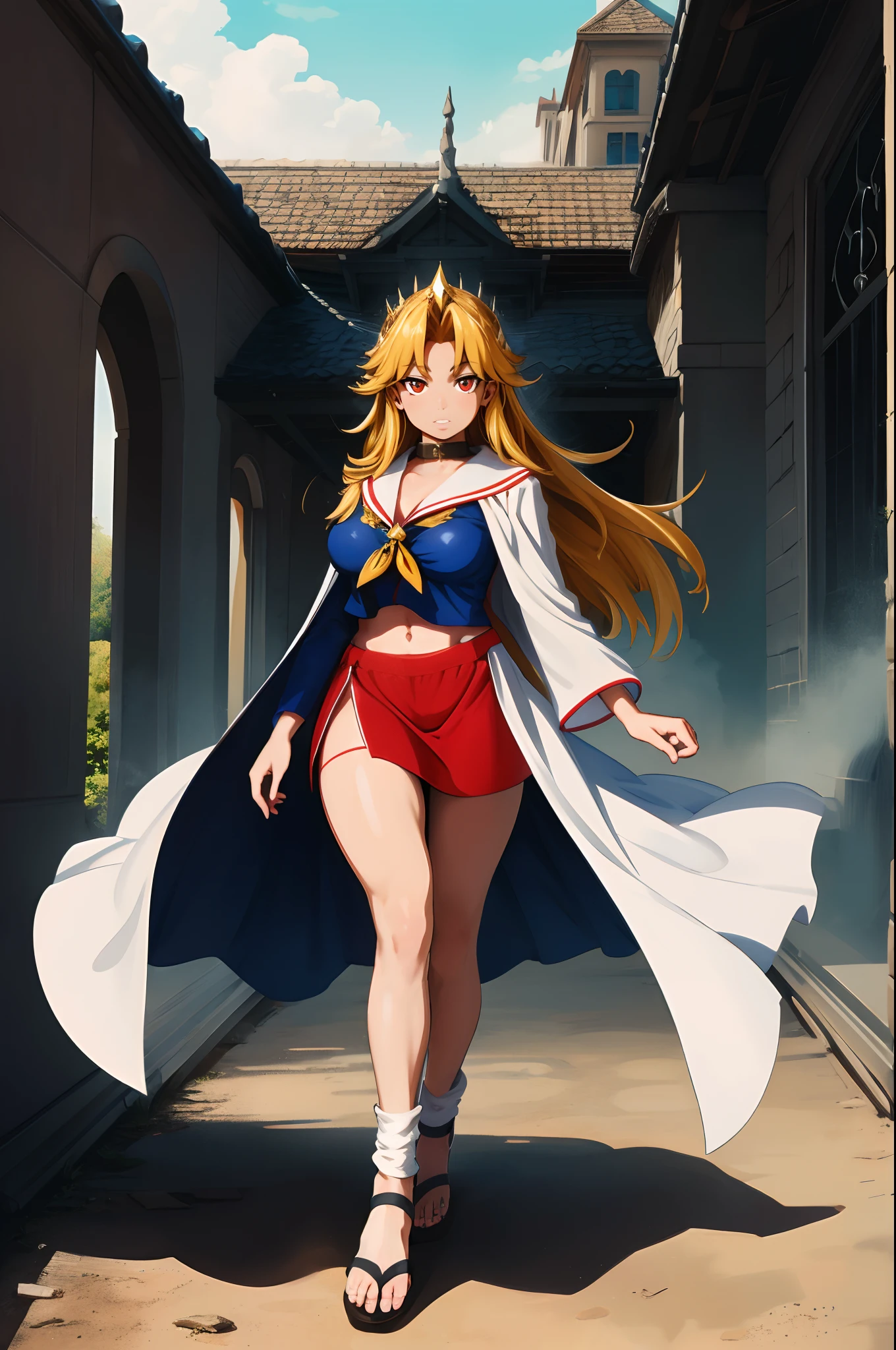 hoshiguma yuugi,black jacket, red shorts, red socks, shoes epaulettes, aiguillette, black jacket, red shorts, red socks, white rose, shoes school uniform, serafuku, sailor collar, green skirt, puffy sleeves,huge breast, , female,fantasy goddess,there is a cartoon picture of a woman with a very large breast, glowing angelic being, glowing holy aura, inspired by Luma Rouge, the non-binary deity of spring, ethereal rainbow nimbus, the butterfly goddess of fire, inspired by Marie Angel, glowing aura around her, astral fairy, as the goddess of the sun, “uwu the prismatic person, big breast, happy, beautiful eyes, , full body, walking, long robe, long dre, catgirlss,, priestess ,holy, smile, long dress, brown hair, female,red eyes, black robe with stars symbolism, full body, flipflops,(best quality,4k,8k,highres,masterpiece:1.2),ultra-detailed,(:1.37),black robe with blue stars simbolism, girl with queen crown,beautiful detailed eyes,beautiful detailed lips,extremely detailed eyes and face,longeyelashes,golden crown adorned with diamonds,glowing blue stars on the robe,glittering pearls entwined in hair,royal purple backdrop,sparkling tiara,rich textures and fabrics,regal posture,confident expression,majestic aura,ethereal lighting,hauntingly beautiful atmosphere,elegant and magical,enchanted garden in the background,floating golden particles,subtle reflections on the crown,sublime tranquility,depth and mystery,sophisticated and regal,impeccable attention to detail,captivating and enchanting,ethereal and divine,fantasy-inspired artwork,dreamlike and surreal,celestial beauty and elegance,dark and mysterious,royal and majestic vibes,meticulous craftsmanship,vivid colors,whimsical and otherworldly., darks clothes,