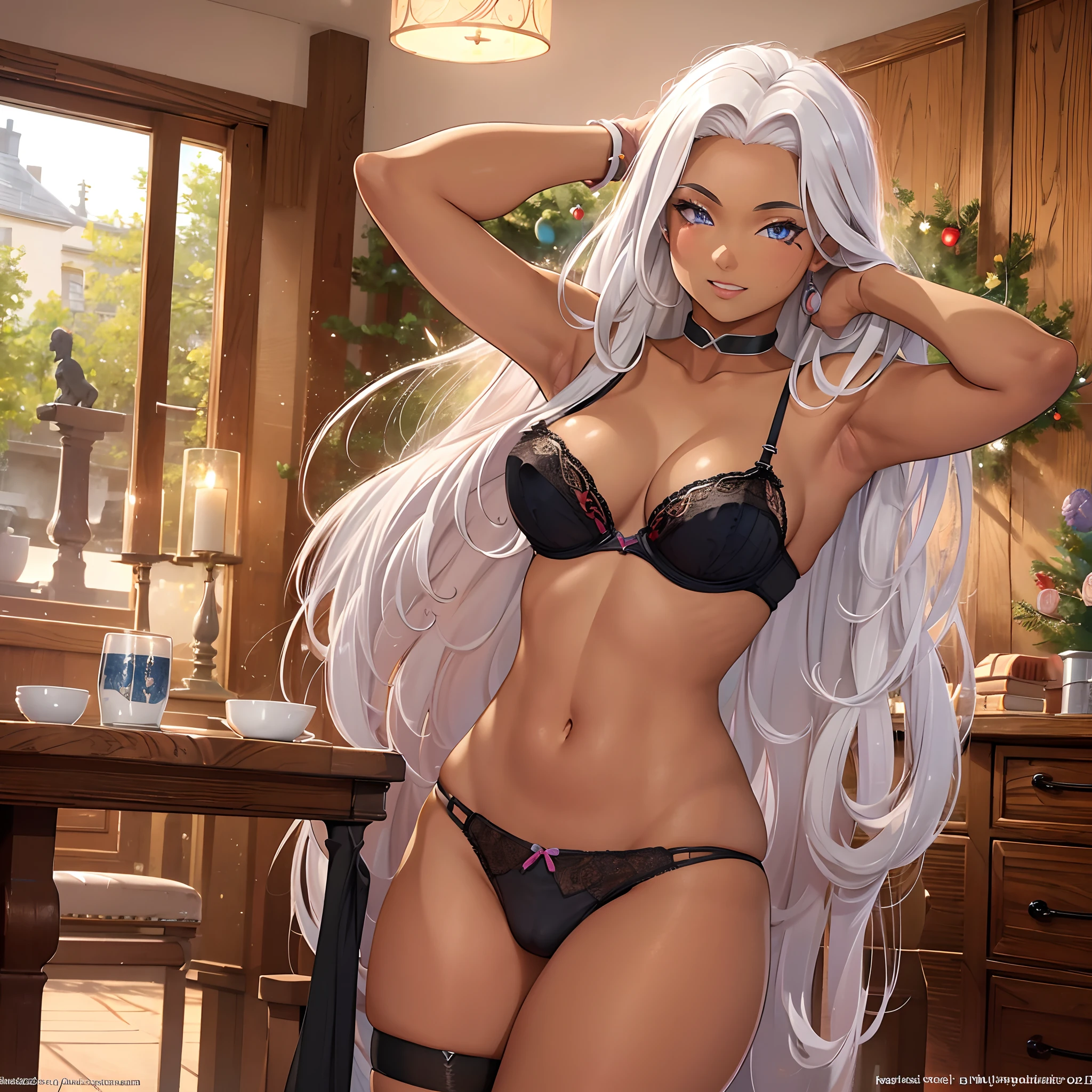 Masterpiece, best quality, highres, highly detailed, 1 girl, long hair, silver hair, blue eyes, tan skin, large breast, black lingerie, black panties, pubic hair revealing, black stocking, indoor, nipple perked out from under bra, looking at viewers