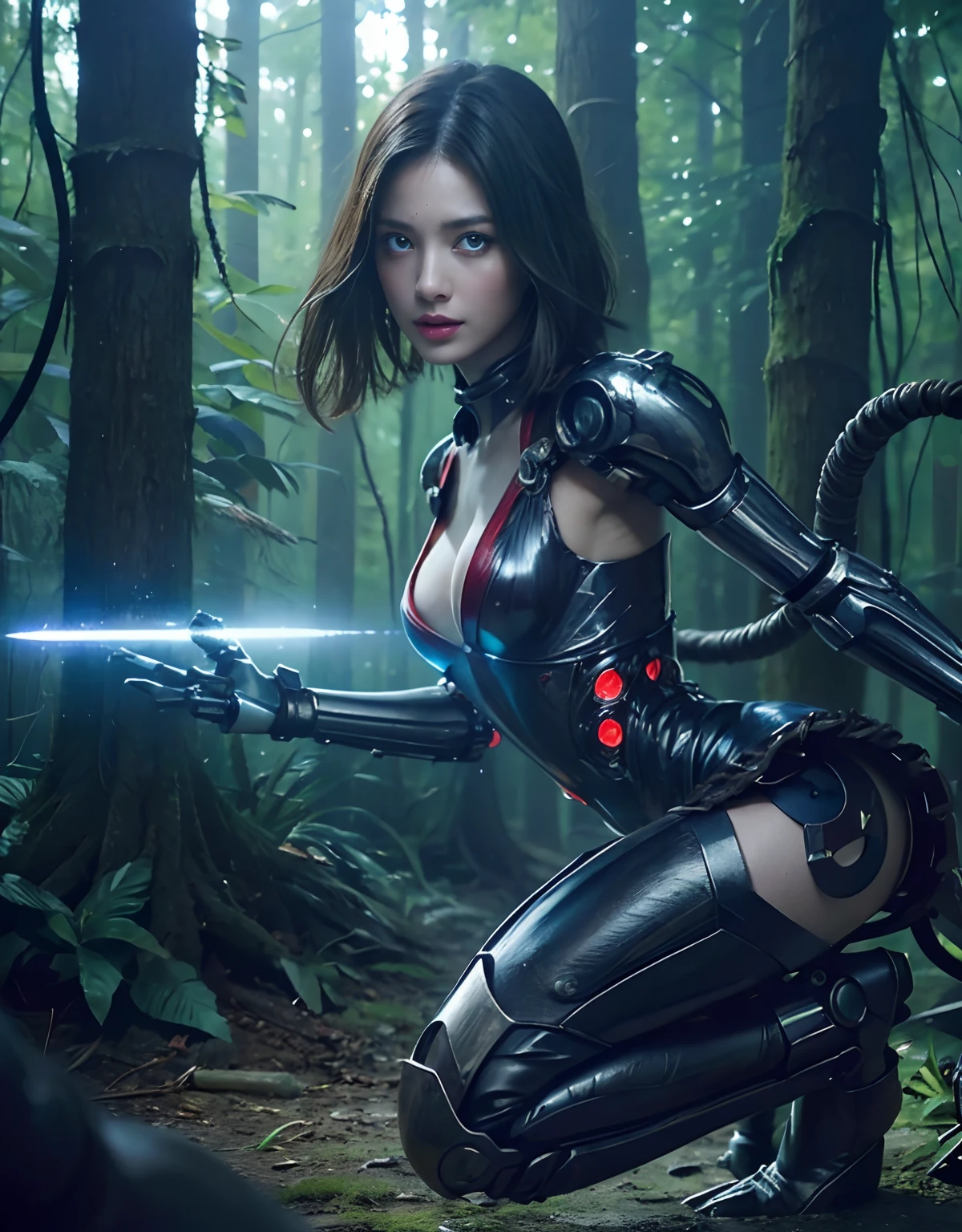 (1 Mechanical Girl)、top-quality、masterpiece、超A high resolution、(Photorealsitic:1.4)、Raw photo、女の子1人、Fight mutants、glowy skin、(((1 Mechanical Girl)))、With a beautiful knife、(Green Metal Bodysuit)、(Kobold、ogre、Fierce battle with orcs),(Fight fiercely against aliens)、Fight fiercely、(beautiful forest background)、(Fighting Demonic Beasts)、(Small LED)、((super realistic details))、portlate、(Strong giant demon beast background),globalillumination、Shadow、octan render、8K、ultrasharp、Colossal tits、Raw skin is exposed in cleavage、metals、Details of complex ornaments、Japan details、highly intricate detail、Realistic light、(Mystical expression),CGSoation Trends、Blue eyes、radiant eyes、Facing the camera、neon details、(Mechanical limbs)、(blood vessels connected to tubes)、Mechanical vertebrae attached to the back、mechanical cervical attaching to neck、(Wires and cables connecting to the head)、Gundam、Small LED、,Mechanical thighs、Toostock、(Hands are also made of machines)、(Attack of the Monster Beasts)、(Wounded in a deadly battle)、
