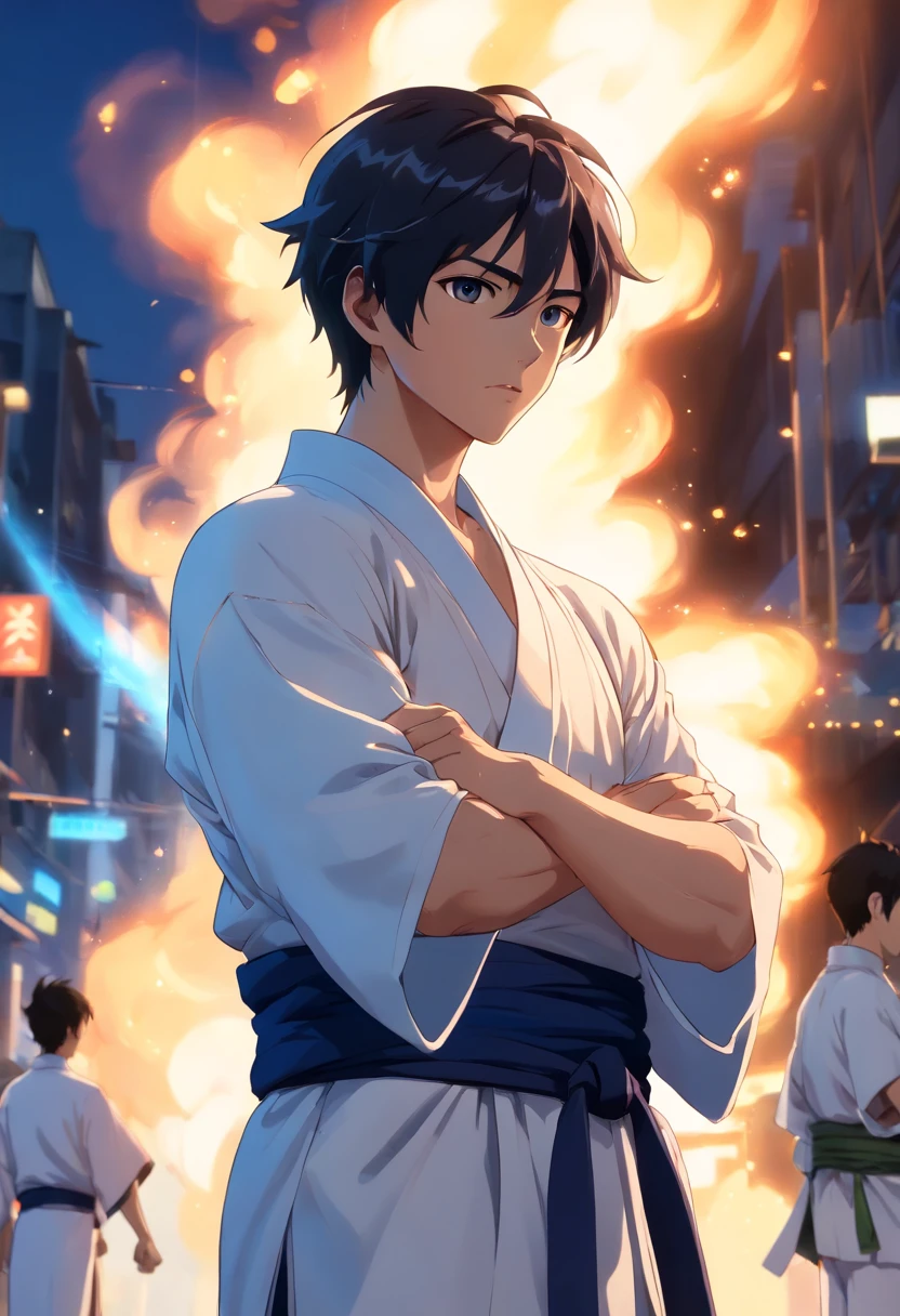 Strong Man with Black Hair, muscular, White kimono, Arms crossed, sharp gaze, open forehead、the fire, The king, A man with an eerie presence. 
(Best Quality,4K,8K,Haute,Master Parts:1.2), ultra-detailliert, (Realistic,Photorealista,Photorealsitic:1.37), nffsw, nffsw, Studio Lighting, Ultra-thin paint, foco nítido, Physically-based rendering, Extreme details, professional, Vivid colors, Bokeh, sportrait, The dominant shades of blue and white, Dramatic Lighting.