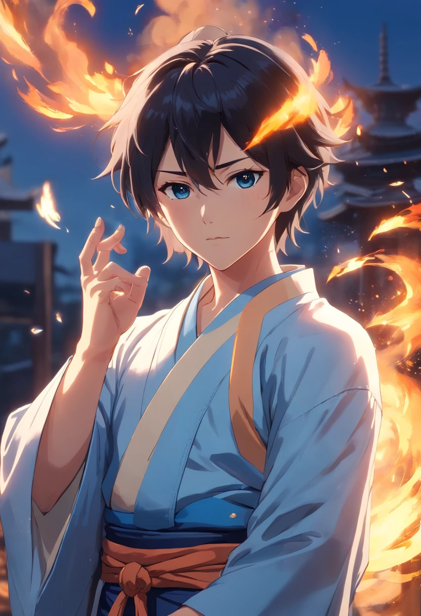 Strong Man with Black Hair, muscular, White kimono, Arms crossed, sharp gaze, open forehead、the fire, The king, A man with an eerie presence. 
(Best Quality,4K,8K,Haute,Master Parts:1.2), ultra-detailliert, (Realistic,Photorealista,Photorealsitic:1.37), nffsw, nffsw, Studio Lighting, Ultra-thin paint, foco nítido, Physically-based rendering, Extreme details, professional, Vivid colors, Bokeh, sportrait, The dominant shades of blue and white, Dramatic Lighting.