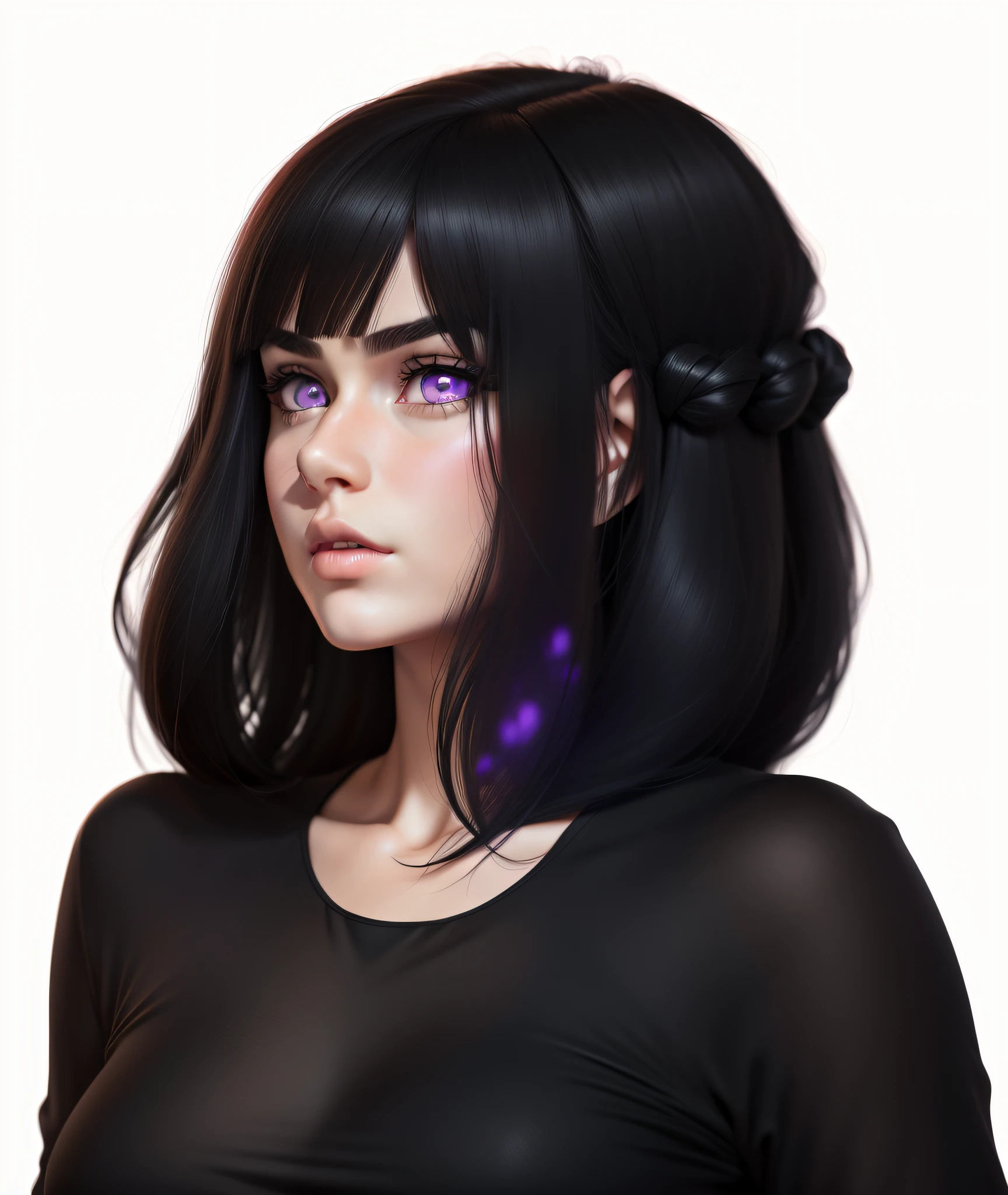 Girl with black hair and purple eyes in black shirt, semirealistic anime style, anime realism style, realistic young anime girl, semi realistic anime, anime styled 3d, realistic anime style, render of april, realistic anime 3 d style, 17 years old - anime gothic girl, black  hair